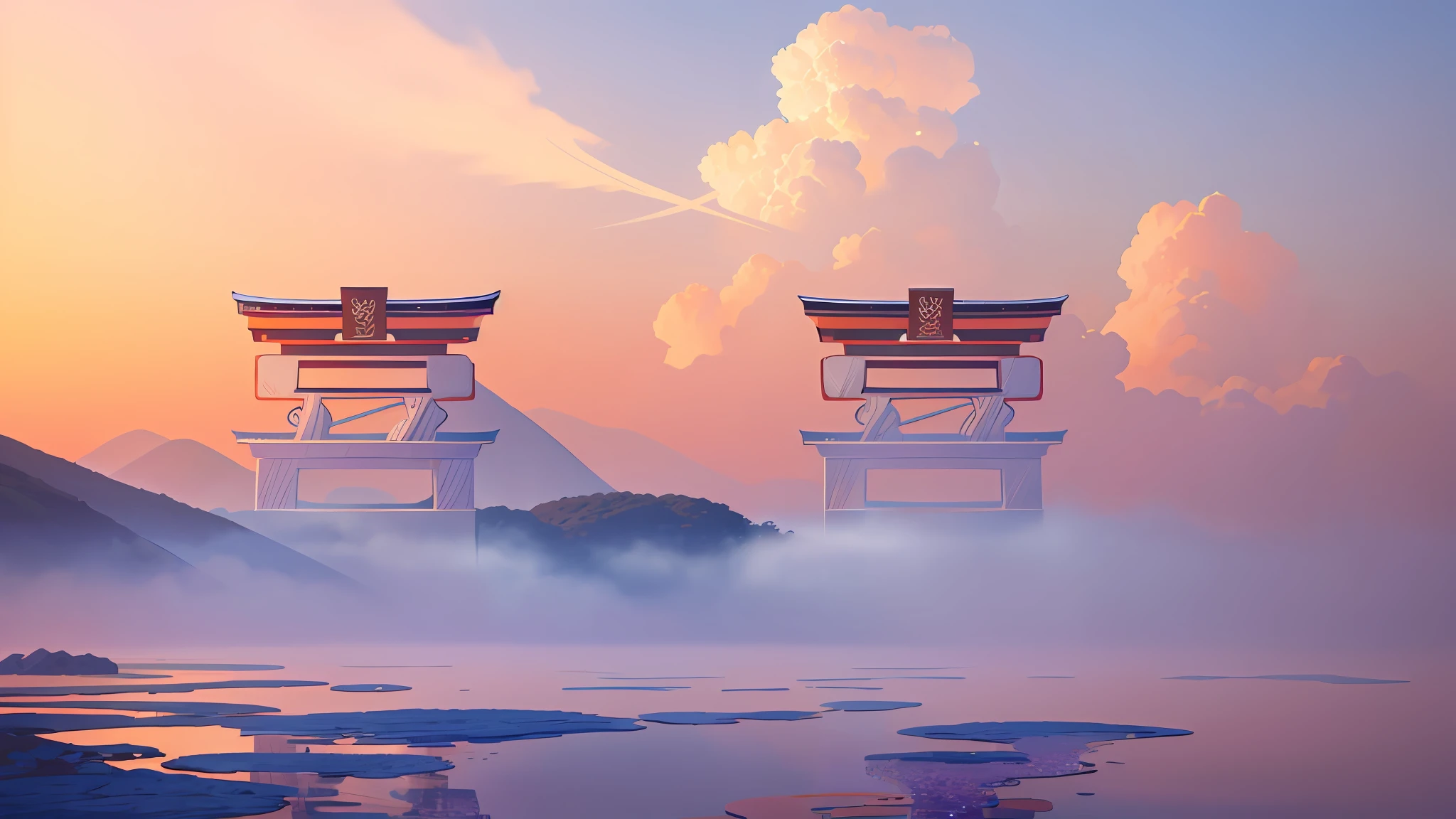 (masterpiece, top quality, best quality, official art, beautiful and aesthetic:1.2), extreme detailed,(fractal art:1.3),colorful,highest detailed in ultra detailed complex onsen, puddle, water, torii gate, japanese buildings,(best-quality:0.8), (best-quality:0.8), perfect anime illustration,  BREAK steam