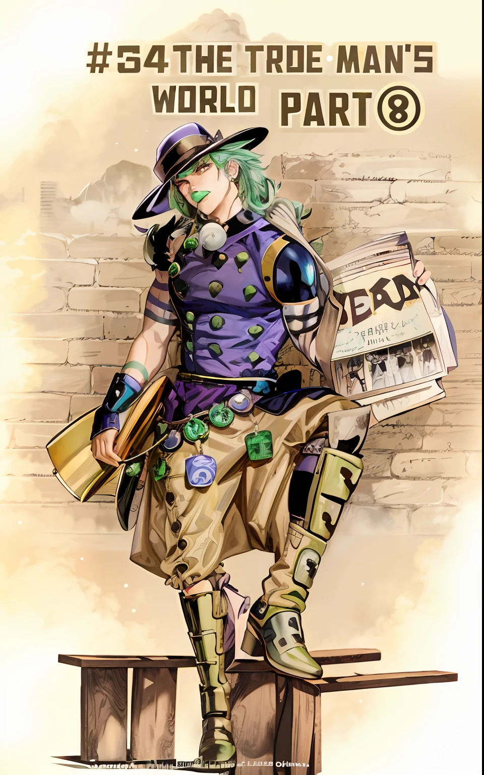A man sitting on a bucket holds a drawing of a newspaper, gyro zeppeli, jojo anime style, Joseph Joestar, dio brando, jojo's bizzare adventure!!!!, in jojo\'s bizarre adventure, jojo's bizzare adventure!!, jojo's bizzare adventure, posing as a jojo character, Jojo style, 90s comic book character design