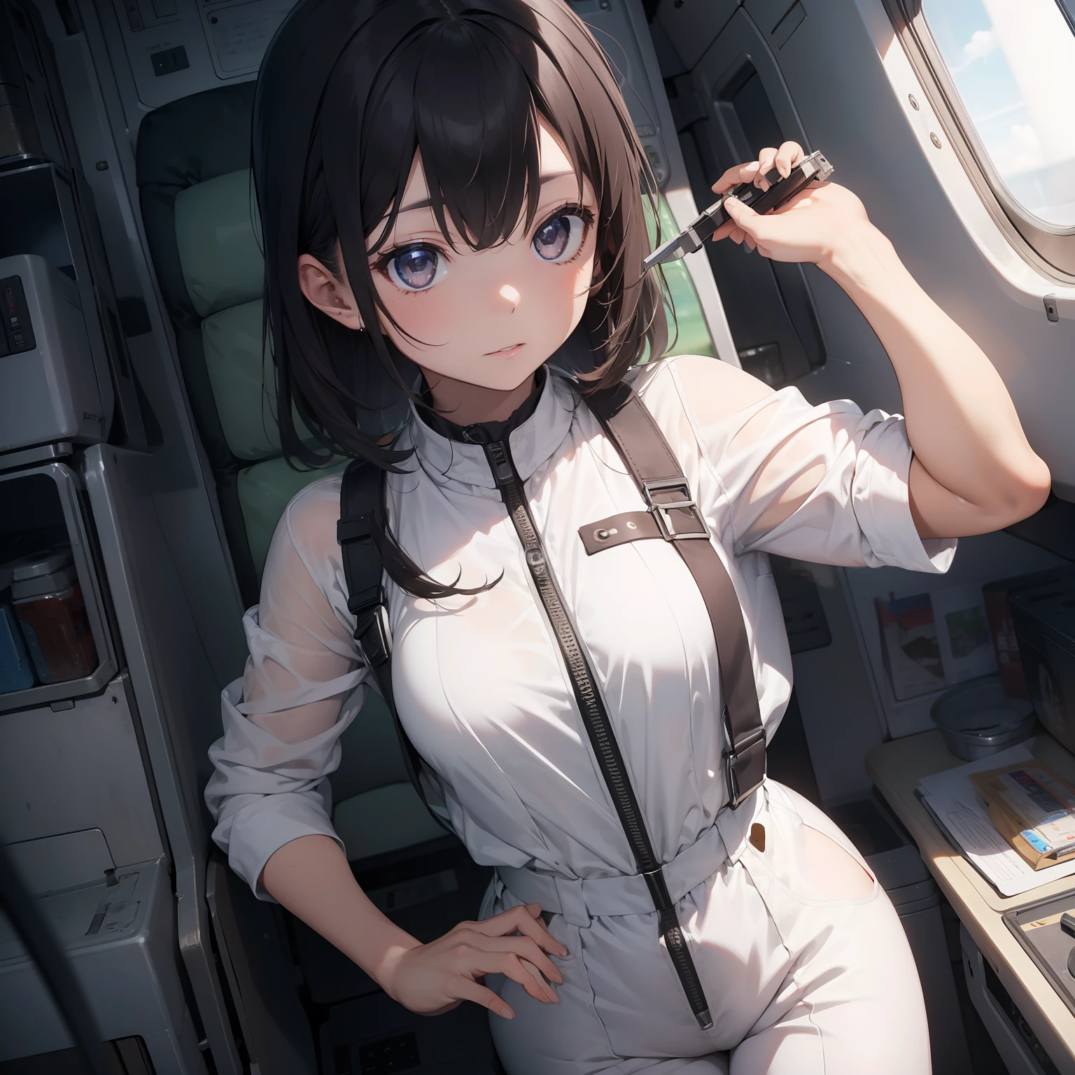 ​masterpiece、Top image quality、Definition image quality、Break mechanic woman、Wear white jumpsuits、BREAK Repairing precision equipment in an airplane、Black oil stained my cheeks、Disassembling the plane、