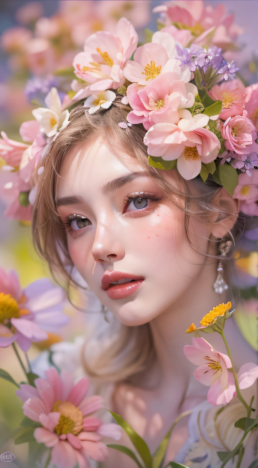 An oil painting brings to life the image of a beautiful lady ((highly detailed face and skin texture, detailed eyes, double eyelids)) surrounded by a breathtaking array of flowers. She stands in a sunlit garden, dressed in a flowing pastel gown that complements the vibrant colors of the blossoms. Delicate petals gently cascade around her, creating a sense of ethereal beauty. The painting captures her serene expression and the enchanting ambiance of nature's floral symphony