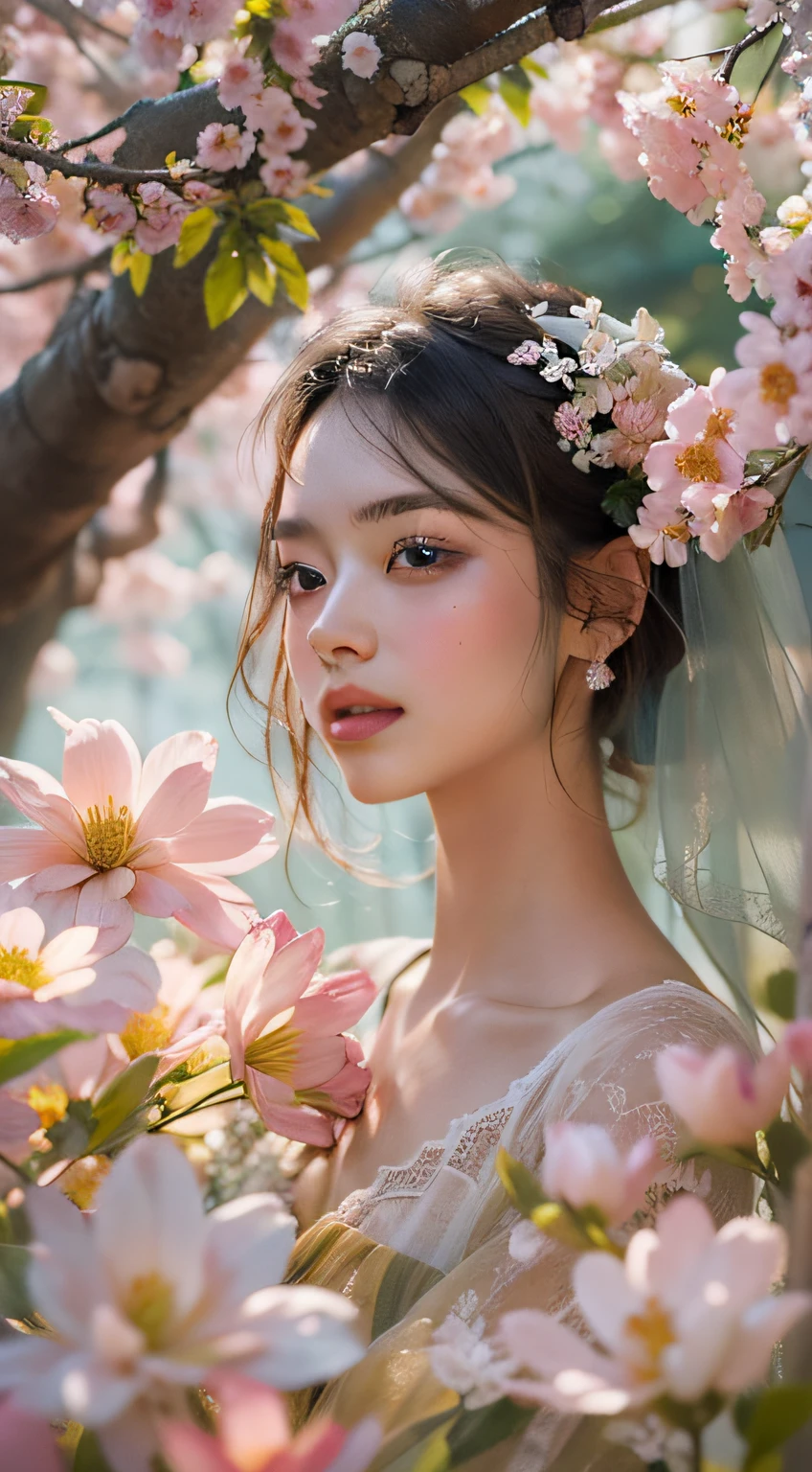 An oil painting brings to life the image of a beautiful lady ((highly detailed face and skin texture, detailed eyes, double eyelids)) surrounded by a breathtaking array of flowers. She stands in a sunlit garden, dressed in a flowing pastel gown that complements the vibrant colors of the blossoms. Delicate petals gently cascade around her, creating a sense of ethereal beauty. The painting captures her serene expression and the enchanting ambiance of nature's floral symphony