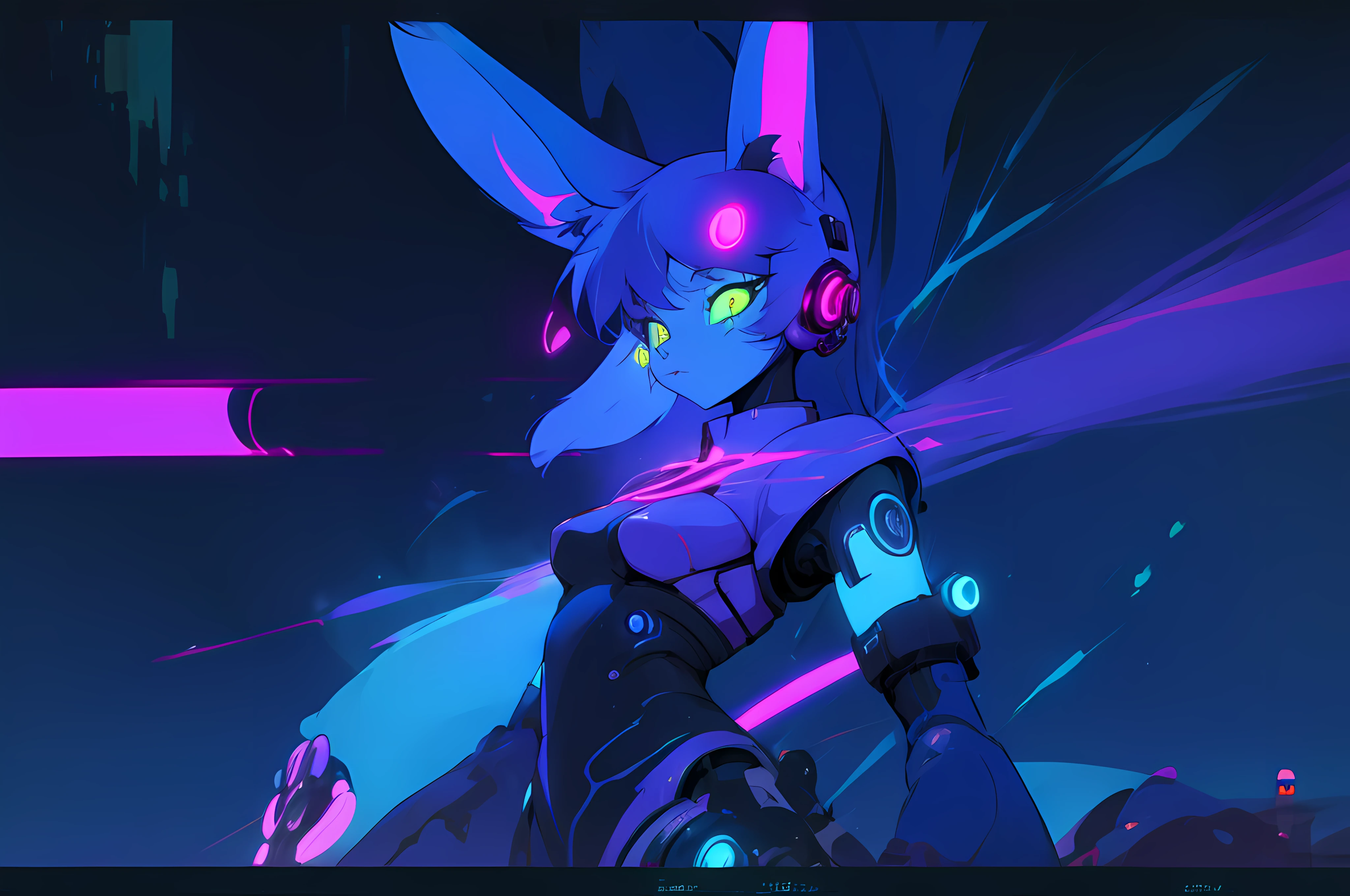 (vintage vhs), (crt screenshot), (Zen, Amy Sol style),  (((blue anthro kemono furry rabbit))), underground cavern shining flashlight in old ruins, scene from a show about a blue anthro furry kemono rabbit who investigates deep space crime, (vast decrepit scenery:1.2) blame! style, nightmarish illustration, glowing eyes everywhere, intense eye contact, hybrid human / anthro, electrixbunny, rabbit anthro portrait, ((portrait)), bunnypunk, weirdcore voidpunk fursona, wearing bunny ears, cover art with light abstraction, abstract, simple vector art, contemporary Cybernetic art, color gradients, soft color palettes, layered forms, whimsical animation, style Ethereal abstract, 4K, , anime character with futuristic hair and glowing eyes in a dark room, digital cyberpunk anime art, anime style 4 k, digital cyberpunk - anime art, anime mecha aesthetic, digital cyberpunk anime!!, anime cyberpunk art, fully robotic!! catgirl, hyper concept art, cyberpunk anime girl mech, portrait anime space cadet girl, wearing cybernetic bunny ears --v6