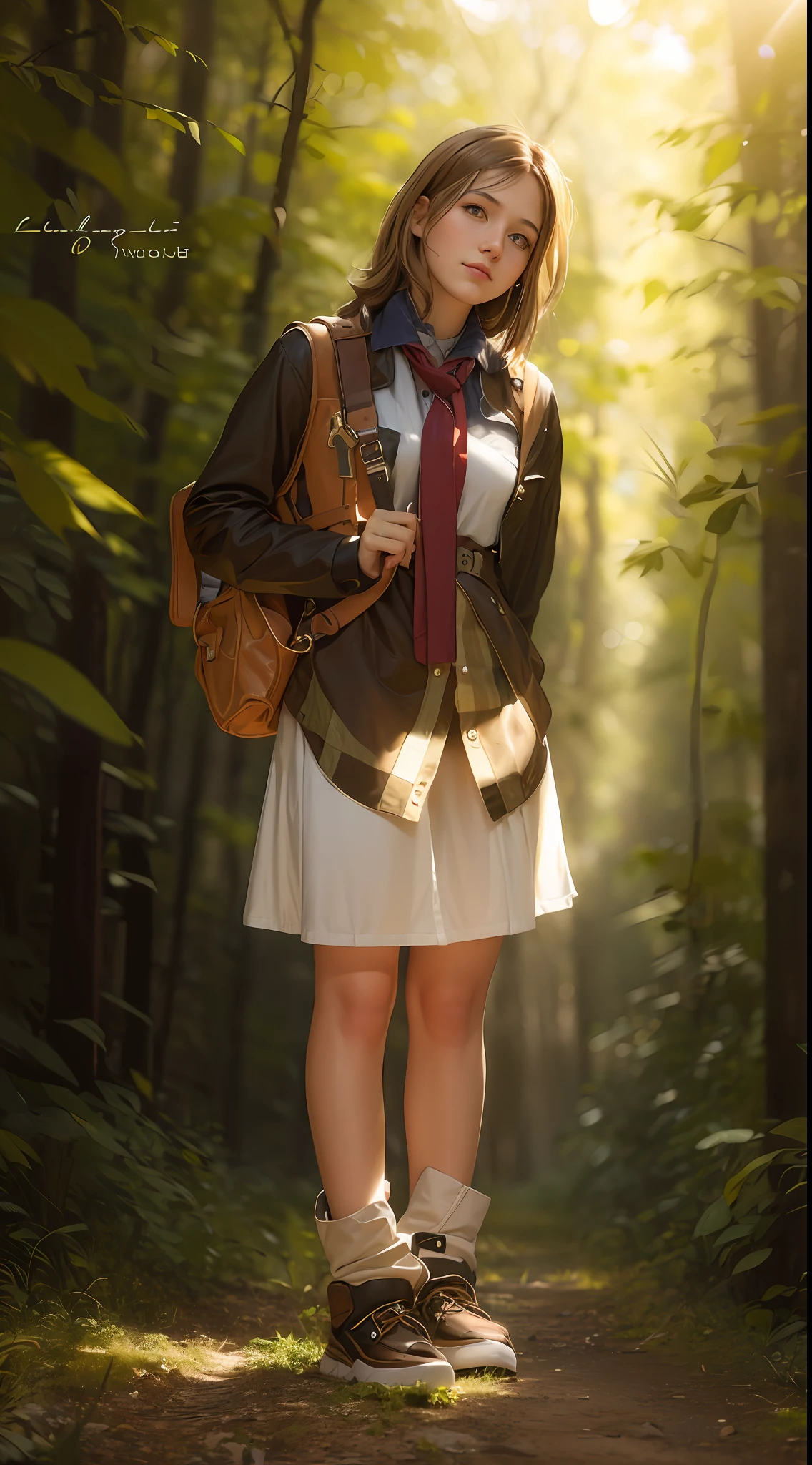 a Hyper realistic image of a 18year old girl wearing a bag holding an Ancient key In a forest, 32k, High Quality, Vibrant colors, global illumination, cinematic Lighting,brown light hair, beautiful background portrait 1.4