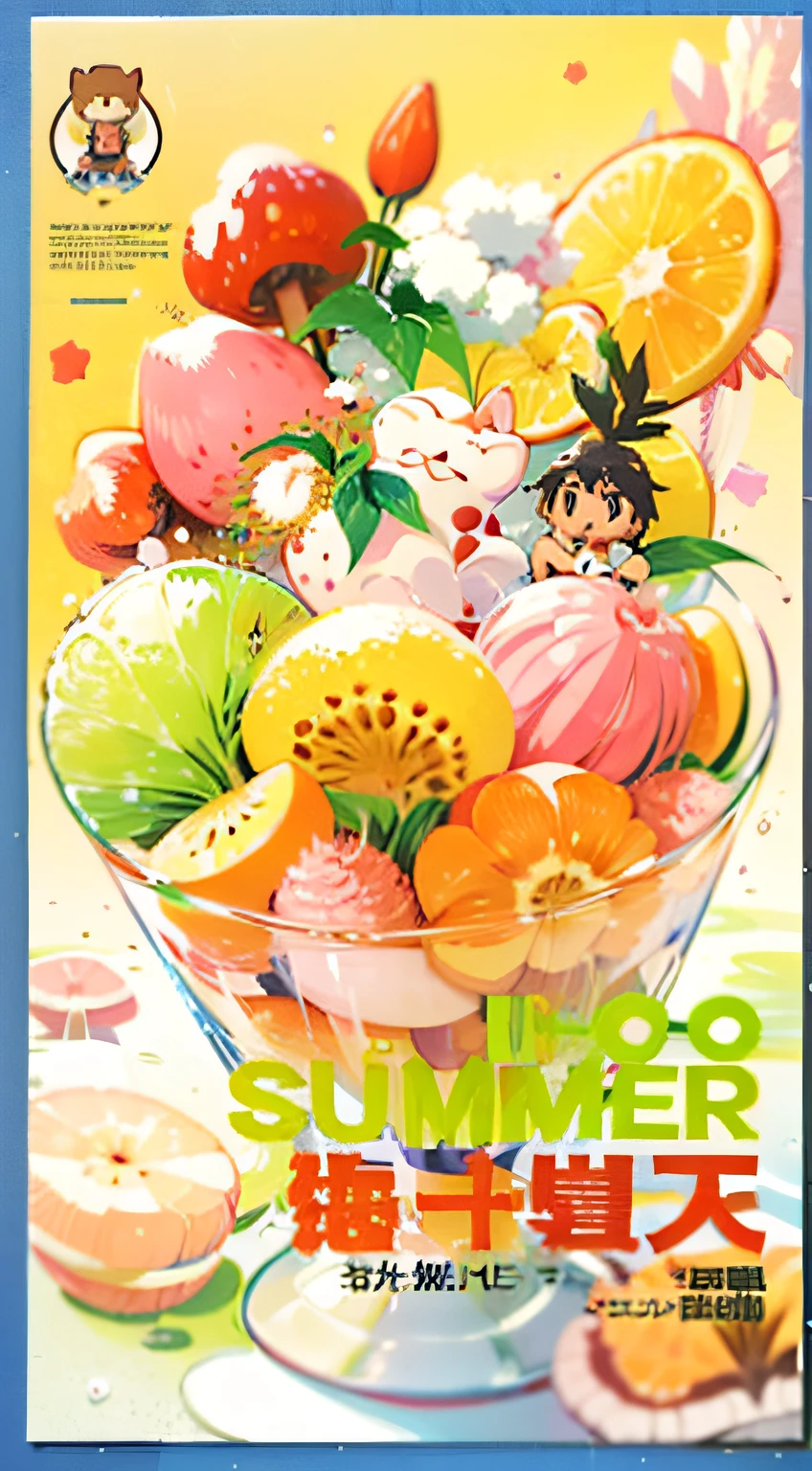 Poster close-up,There was a bunch of fruit inside, poster for ; Summer, 🐿🍸🍋, Summer time, chill summer, Guviz-style artwork, Summer, Anime a poster, made with anime painter studio, ❤🔥🍄🌪, summertime, anime visual, summertime, An anime cover, summer morning, in summer