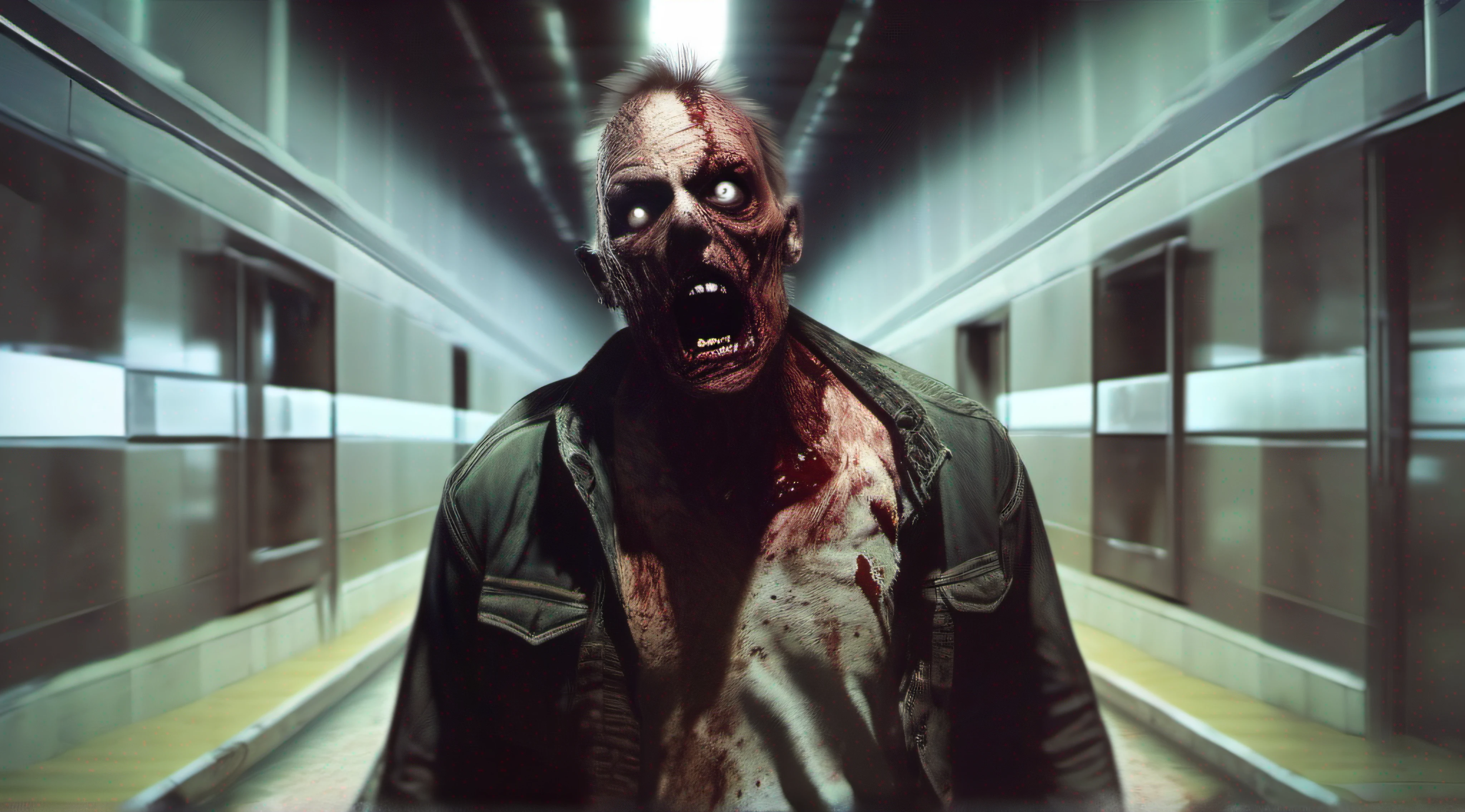 The virus finally begins, consuming the man's face, zombie eyes, zombie closeup, torn clothes, bloodstained, running towards the viewer, the background narrow and scary corridor, volumetric lighting, real life, wide angle, very detailed, low contrast, horror