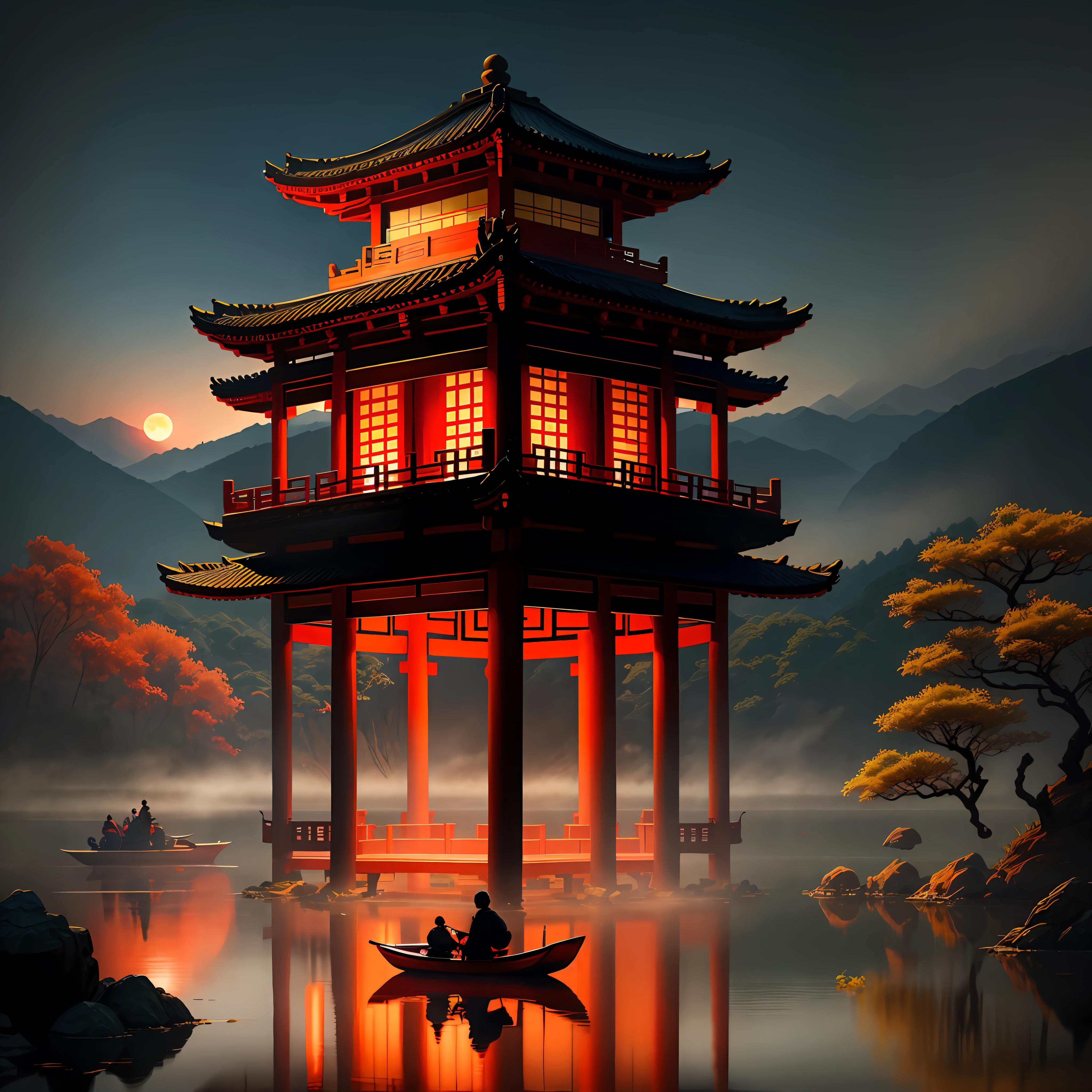 Chinese martial arts style，Black sky，Red moon，Ink wind，Contour light，Atmospheric atmosphere，depth of fields，mist rising，lake water，Lotus lotus leaves，small boats，pines，There was a man sitting in the octagonal stone pavilion，arch bridges，nighttime scene，