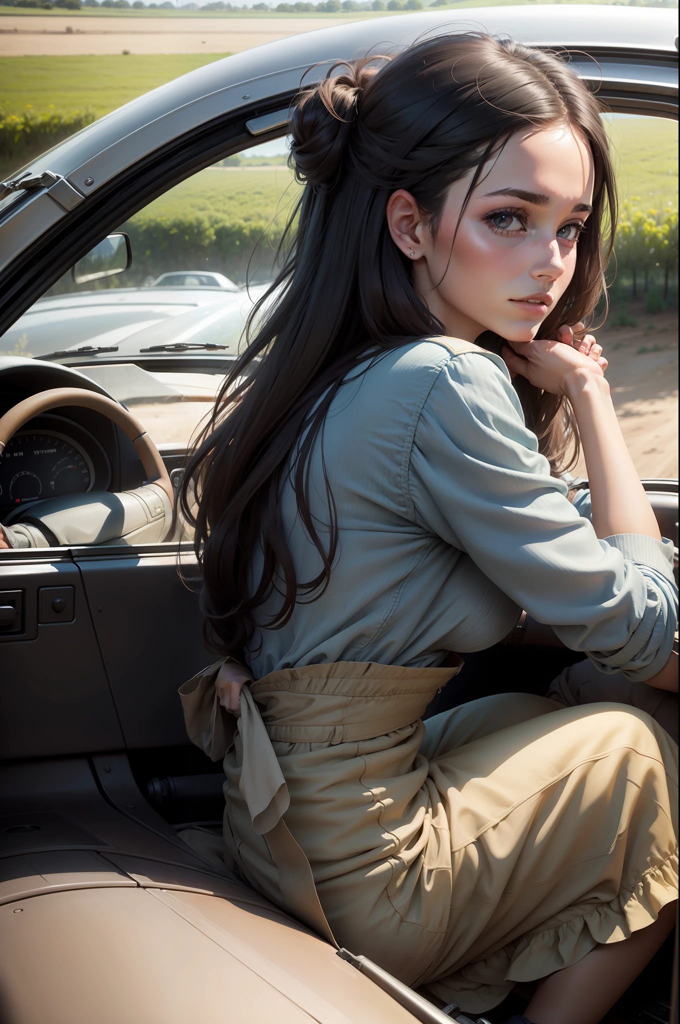 une jolie femme au volant d'un 4x4 vue de profil dans la campagne en inde