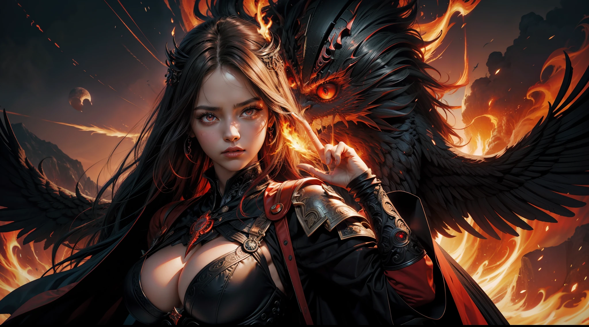 (Award-winning digital artwork:1.3) af (sketching:1.3),(with dynamism:1.3),(Saturation:1.3),(Close portrait:1.3),(femele:1.4),(big breasts beautiful: 1.4),(carismatic:1.3),angelicales,Red eyes,Bright magic,volcanoes,Large breasts,complex patterns,Film filter, ,dramatics,dynamicposes,illusory engine, (High detail: 1.9),mystic symbols,black toga,massive wings,Black wings,red color eyes,Arrogant look,molten lava,Burning longsword,The background has huge eyes
