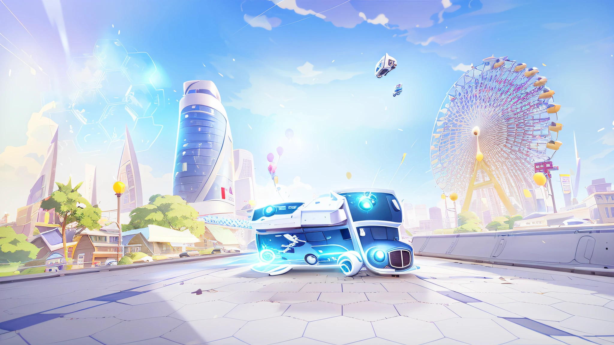 Sunnyday，Buildings，There is a car driving on the streets of the city, Stylized digital illustration, anime art vehicle concept art, !dream concept art, metaverse concept art, Commercial illustration, the are In the background, new vehicle, transportation design render, mall background, Mobile game background, promotional render, Background art Official concept art