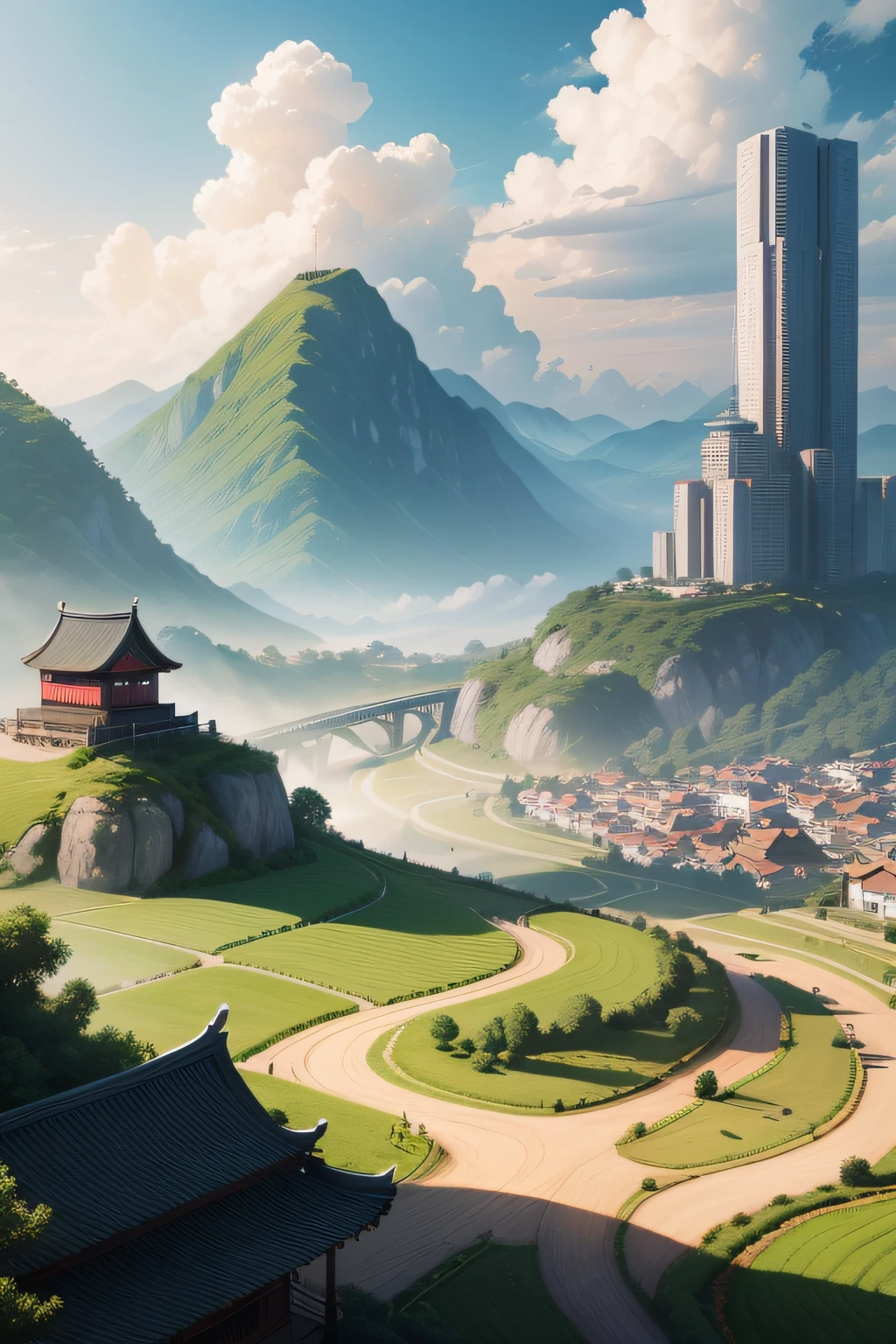 8K分辨率,Background with:A combination of urban and rural areas in China;main body:Heavenly Fly,To the left of the sky is the farmer,On the right is the city merchant