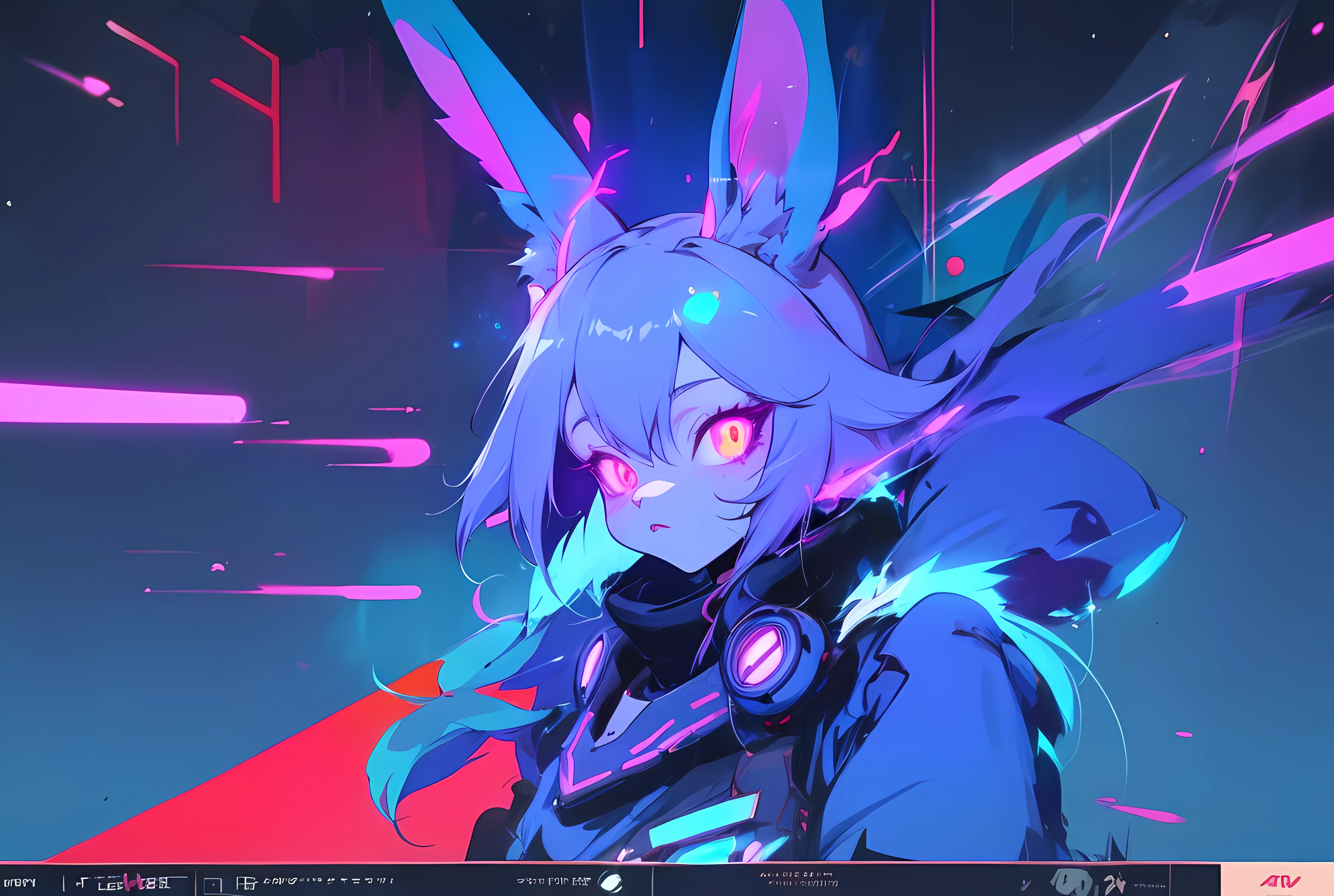 (vintage vhs), (crt screenshot), (Zen, Amy Sol style),  (((blue anthro kemono furry rabbit))), underground cavern shining flashlight in old ruins, scene from a show about a blue anthro furry kemono rabbit who investigates deep space crime, (vast decrepit scenery:1.2) blame! style, nightmarish illustration, glowing eyes everywhere, intense eye contact, hybrid human / anthro, electrixbunny, rabbit anthro portrait, ((portrait)), bunnypunk, weirdcore voidpunk fursona, wearing bunny ears, cover art with light abstraction, abstract, simple vector art, contemporary Cybernetic art, color gradients, soft color palettes, layered forms, whimsical animation, style Ethereal abstract, 4K, , anime character with futuristic hair and glowing eyes in a dark room, digital cyberpunk anime art, anime style 4 k, digital cyberpunk - anime art, anime mecha aesthetic, digital cyberpunk anime!!, anime cyberpunk art, fully robotic!! catgirl, hyper concept art, cyberpunk anime girl mech, portrait anime space cadet girl, wearing cybernetic bunny ears --v6
