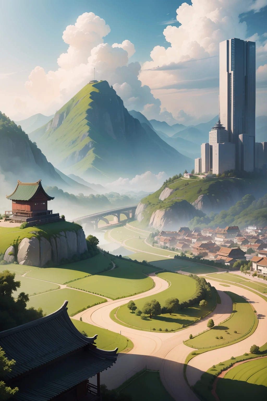 8K分辨率,Background with:A combination of urban and rural areas in China;main body:Heavenly Fly,To the left of the sky is the farmer,On the right is the city merchant