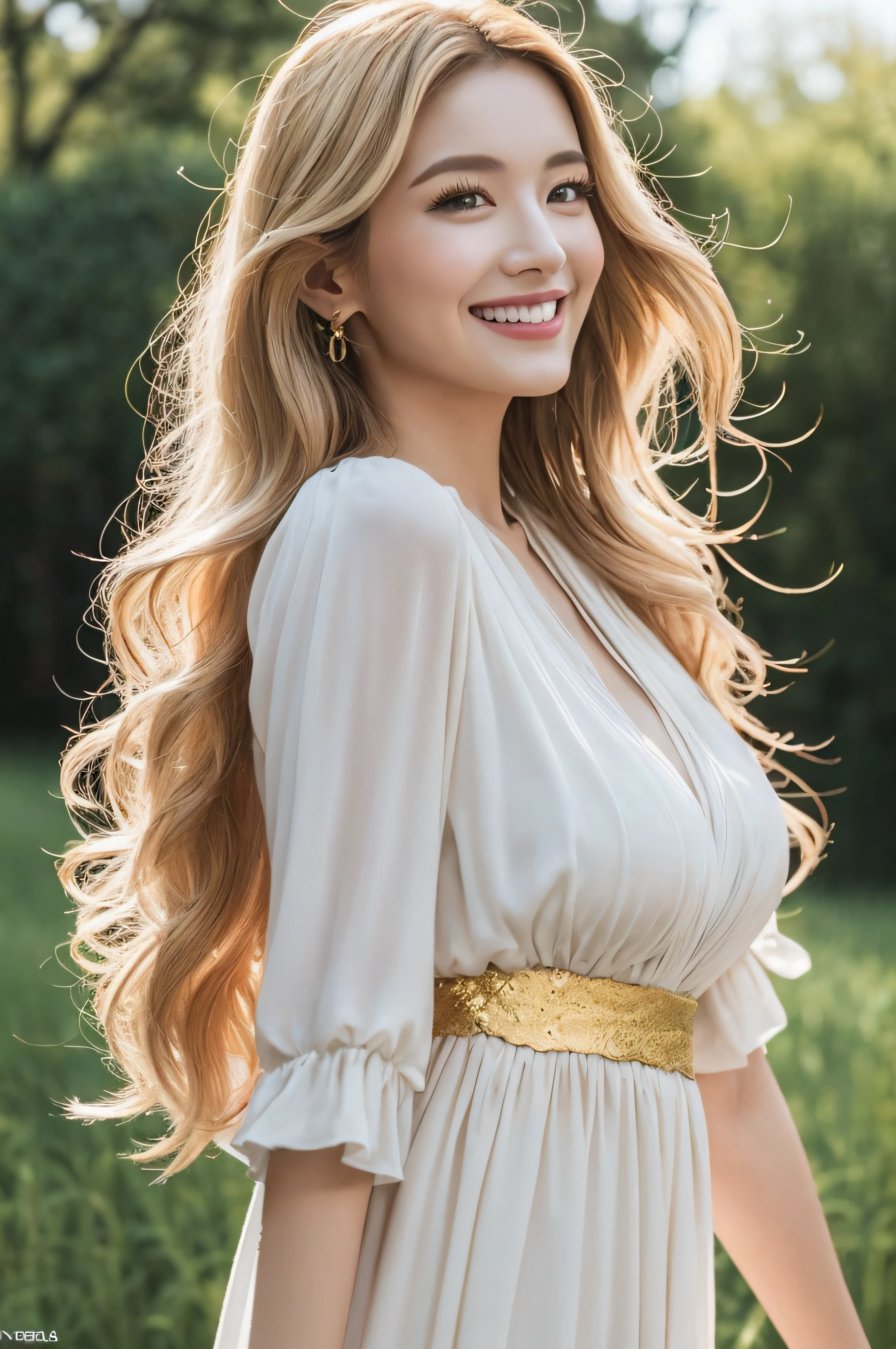 (top-quality、8K、32K、masterpiece、nffsw:1.2)、1 girl in、beautfull Japanease woman、((Golden hair))、Fancy makeup、thin-waist、Beautiful Women in Perfect Style:1.4、Colossal tits:1.3、finerly detailed face、A smile、Peasant dress、from the rear