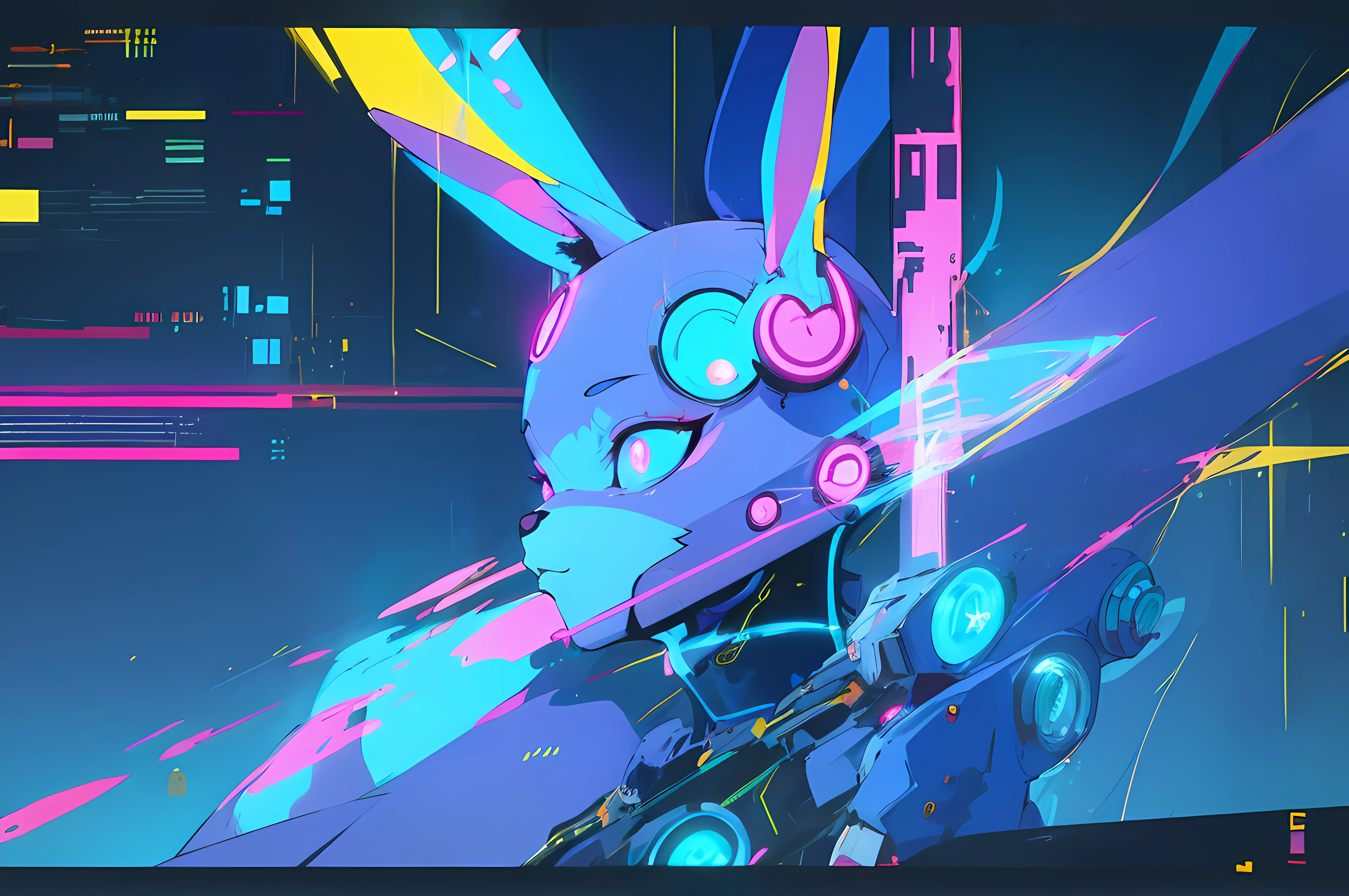 (vintage vhs), (crt screenshot), (Zen, Amy Sol style),  (((blue anthro kemono furry rabbit))), underground cavern shining flashlight in old ruins, scene from a show about a blue anthro furry kemono rabbit who investigates deep space crime, (vast decrepit scenery:1.2) blame! style, nightmarish illustration, glowing eyes everywhere, intense eye contact, hybrid human / anthro, electrixbunny, rabbit anthro portrait, ((portrait)), bunnypunk, weirdcore voidpunk fursona, wearing bunny ears, cover art with light abstraction, abstract, simple vector art, contemporary Cybernetic art, color gradients, soft color palettes, layered forms, whimsical animation, style Ethereal abstract, 4K, , anime character with futuristic hair and glowing eyes in a dark room, digital cyberpunk anime art, anime style 4 k, digital cyberpunk - anime art, anime mecha aesthetic, digital cyberpunk anime!!, anime cyberpunk art, fully robotic!! catgirl, hyper concept art, cyberpunk anime girl mech, portrait anime space cadet girl, wearing cybernetic bunny ears --v6