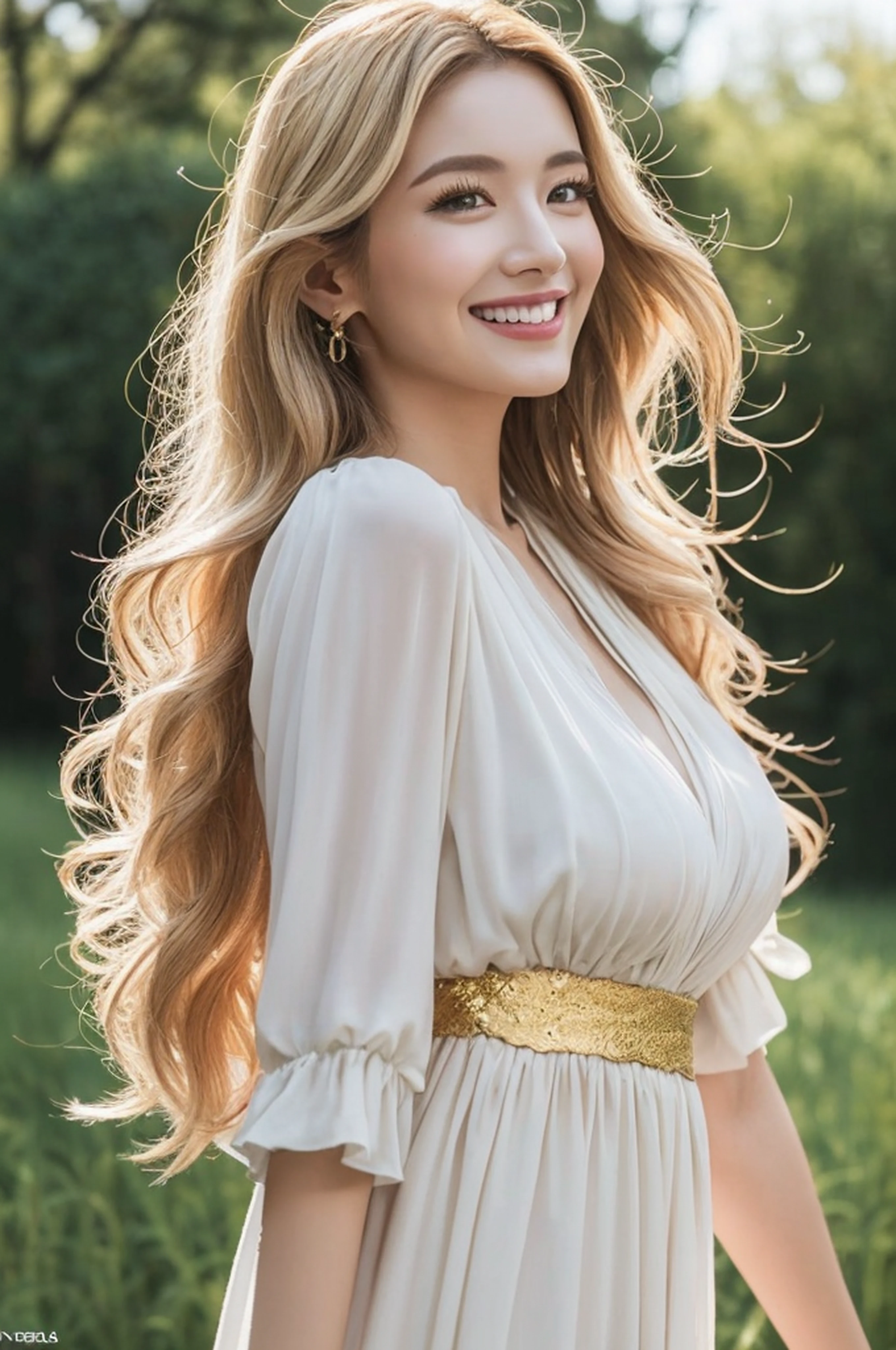 (top-quality、8K、32K、masterpiece、nffsw:1.2)、1 girl in、beautfull Japanease woman、((Golden hair))、Fancy makeup、thin-waist、Beautiful Women in Perfect Style:1.4、Colossal tits:1.3、finerly detailed face、A smile、Peasant dress、from the rear