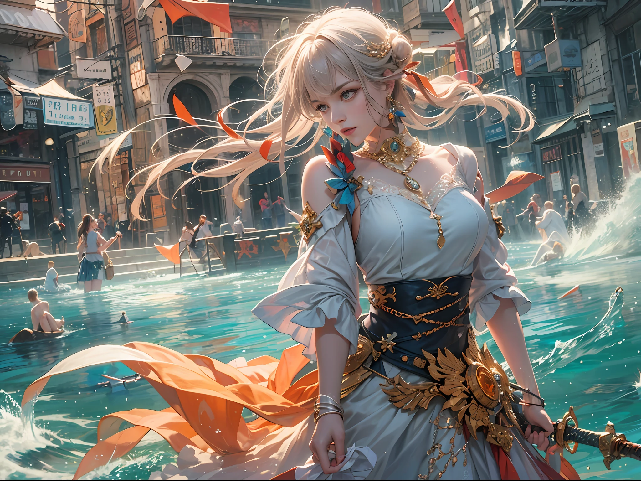 realisticity: 1.2), best quality, masterpiece, highres, cg, 1girl, weapon, sword, long hair, dress, water, solo, jewelry, white dress, earrings, hair ornament, splashing, upper body super realistis, hair bun, blue and orange hair, city backgraun realistis, lighting,candid, Photograph, high resolution, 4k, 8k, Bokeh,