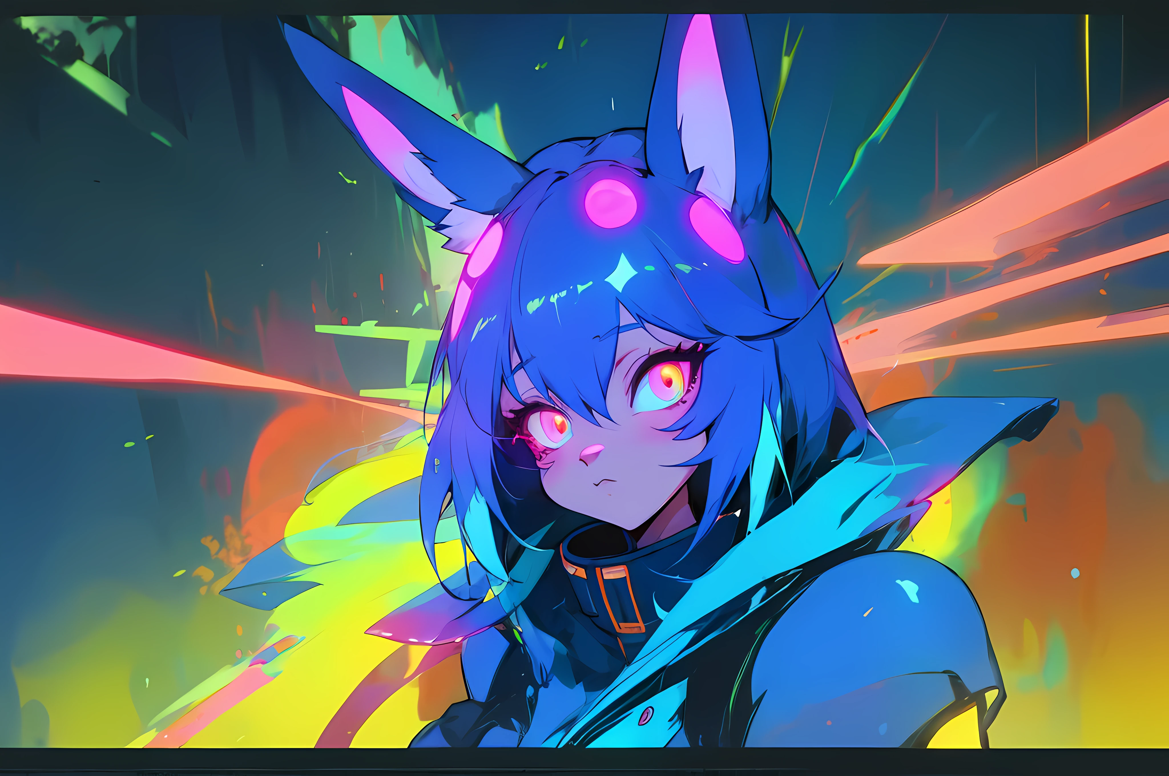 (vintage vhs), (crt screenshot), (Zen, Amy Sol style), (((blue anthro kemono furry rabbit))), underground cavern shining flashlight in old ruins, scene from a show about a blue anthro furry kemono rabbit who investigates deep space crime, (vast decrepit scenery:1.2) blame! style, nightmarish illustration, glowing eyes everywhere, intense eye contact, hybrid human / anthro, electrixbunny, rabbit anthro portrait, ((portrait)), bunnypunk, weirdcore voidpunk fursona, wearing bunny ears, cover art with light abstraction, abstract, simple vector art, contemporary Cybernetic art, color gradients, soft color palettes, layered forms, whimsical animation, style Ethereal abstract, 4K, , anime character with futuristic hair and glowing eyes in a dark room, digital cyberpunk anime art, anime style 4 k, digital cyberpunk - anime art, anime mecha aesthetic, digital cyberpunk anime!!, anime cyberpunk art, fully robotic!! catgirl, hyper concept art, cyberpunk anime girl mech, portrait anime space cadet girl, wearing cybernetic bunny ears --v6