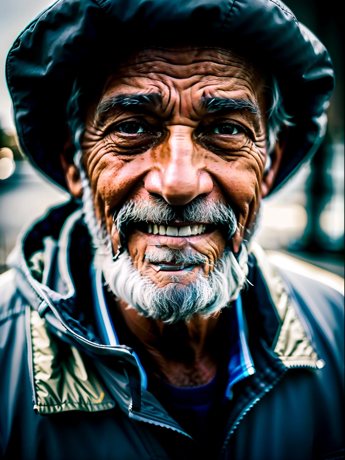 an old man, 60 years old, austere, wrinkled, homeless, gray jacket, bright smile, torn shoulders, close-up portrait, 4k, hdr, dslr, nikon D700, lens sigma art 85 mm , f1:2