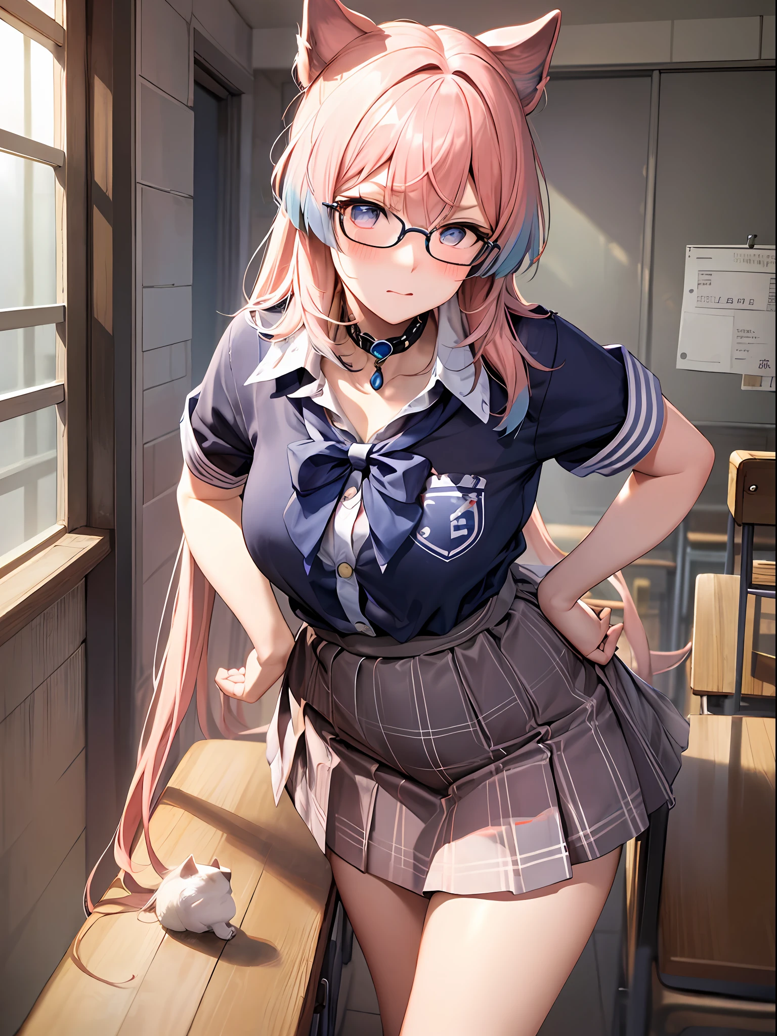 masterpiece, best quality, ultra detailed, hyper realistic, photo),delicate pattern, detailed background, uncensored completely, cowboy shot,  japanese girl, class room,
school uniform, loose collar, skirt, looking over eyewear,
hair between eyes, pink hair
put up index finger and one hand on hip,  angry with puffed cheeks,
from above, leaning forward,