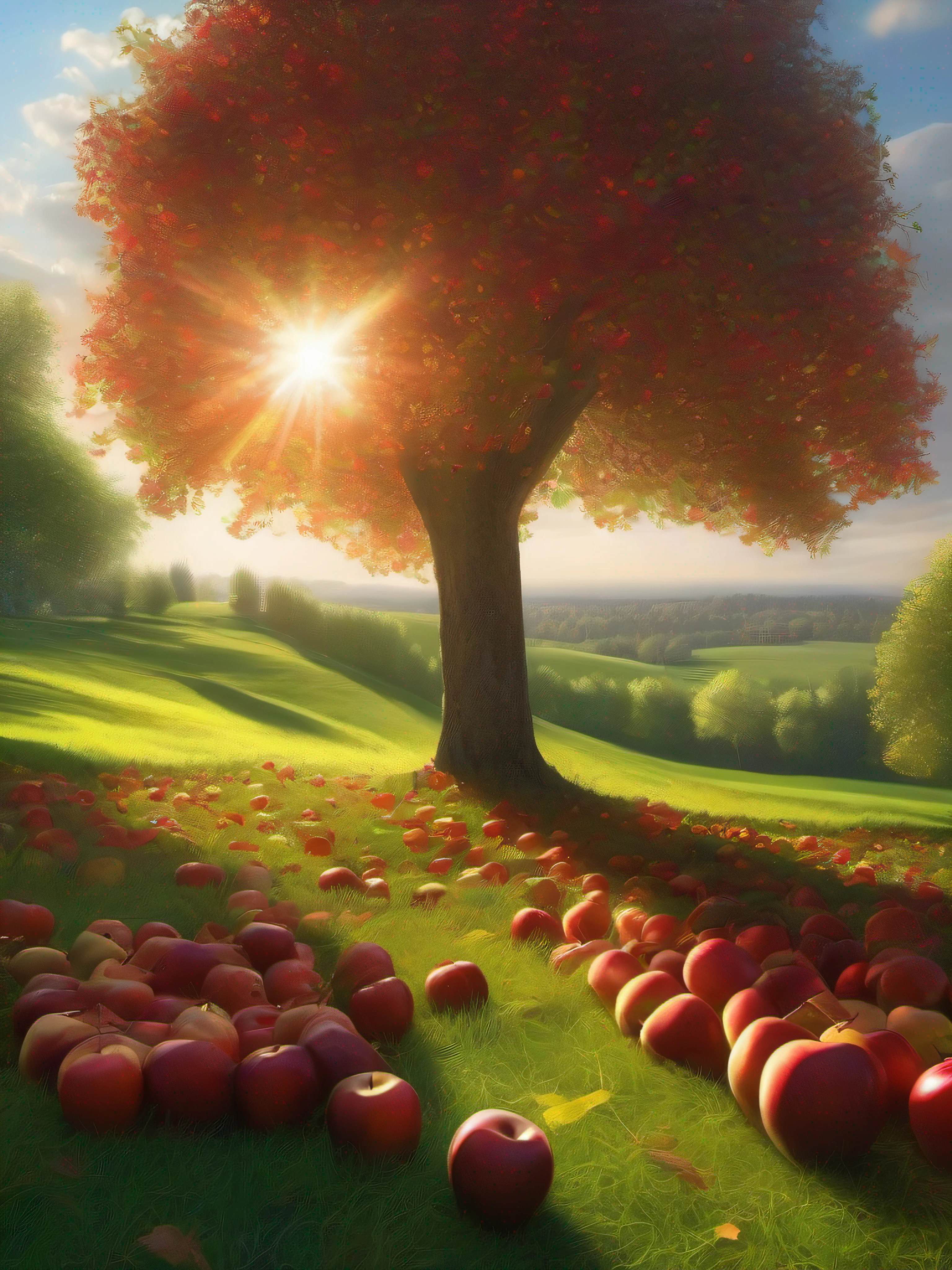 full shot, picturesque lawn and columnar apple tree all covered with ripe red apples under the apple tree many apples on green grass, bright sun rays shine from above left, super high quality, super high detail, super sharp focus,training in artstation, greg rutkowski style