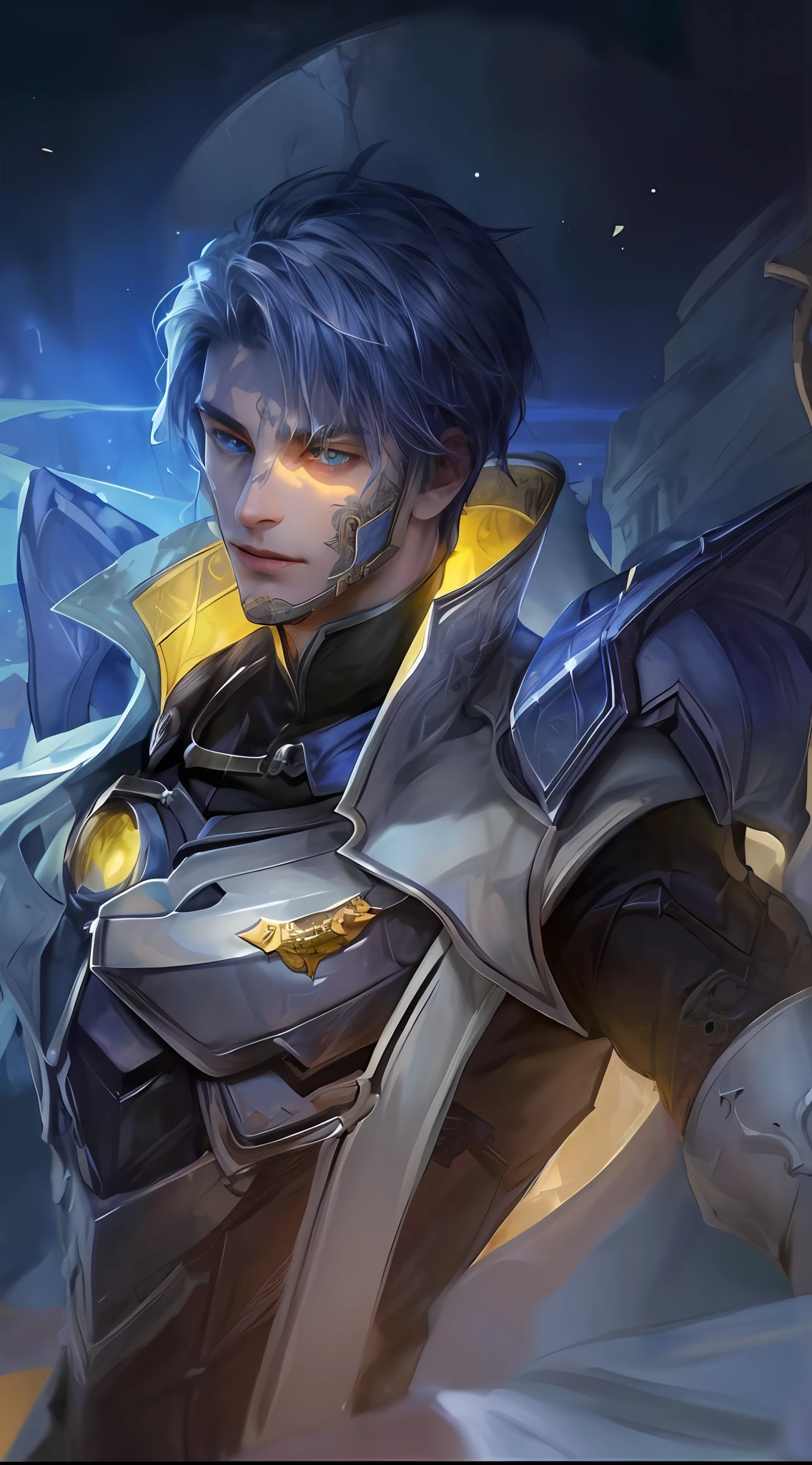 (Absurdres, Intricate Details, Masterpiece, Best Quality, High Resolution, 8k), 1 male, thin, young, aged up, masked, finely detailed eyes and face, auburn low-fade hair, amber eyes, portrait,  looking at viewer, solo, half shot, detailed background, (light fantasy theme:1.1),  focusing, mercenary,  sunshine, floating scraps,  color plate armor, divine aura, bright realistic lighting, marble castle, intense atmosphere, circlet, coat of arms,  brazier,  , Depth of Field, VFX. White hair, blue eyes,