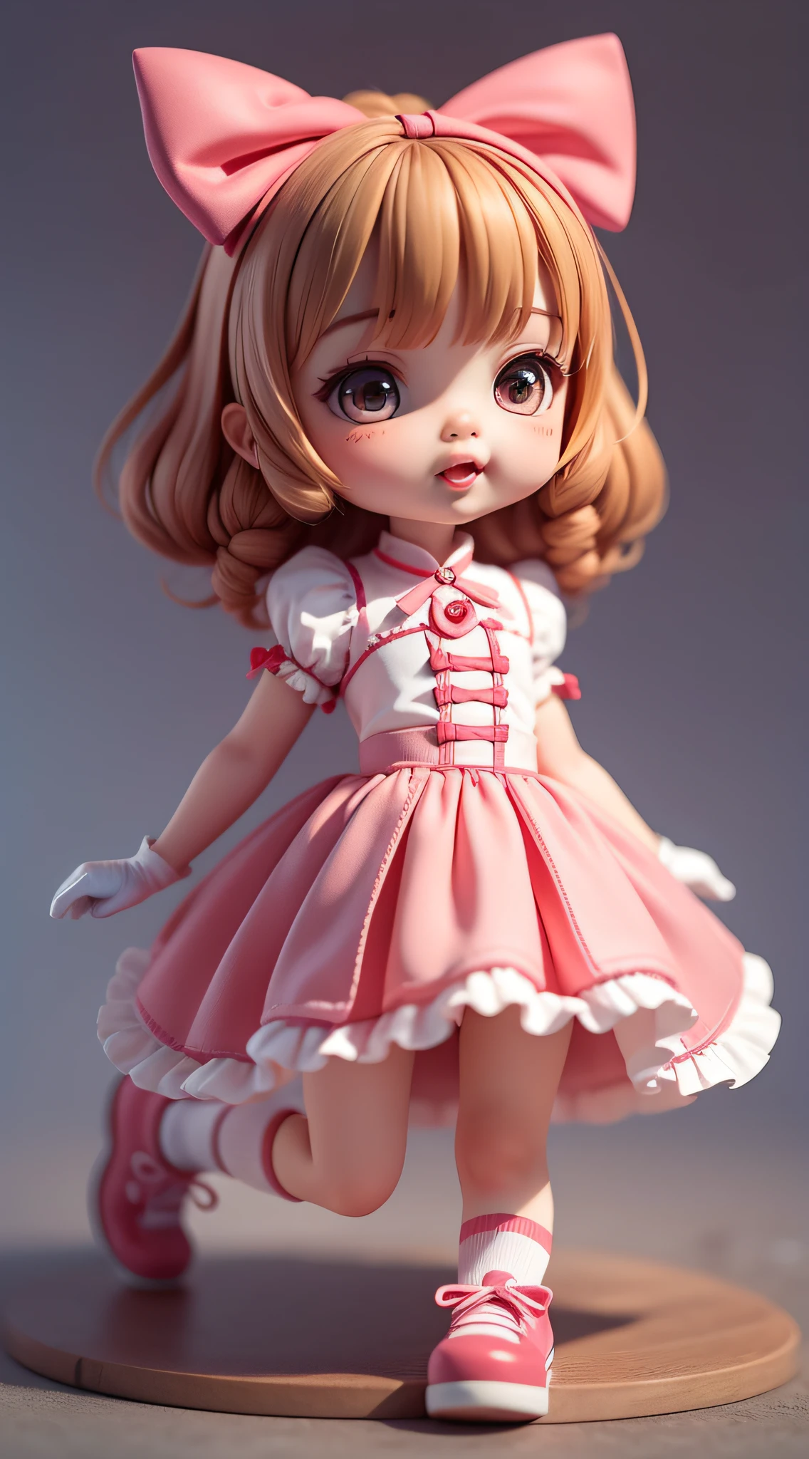 The figure is shaped like a cute girl,She wore a pink dress,It's covered with small bows,It's very cute。The littles eyes were round,The black eyes exude an innocent look。Its ears are semicircular in shape,Slightly curved,It is as if you can hear the sounds around you,Pink gloves and shoes are worn on all fours,There are also bow decorations on the gloves,It looks very cute。Its mouth opened slightly,A small tongue is exposed,As if naughty