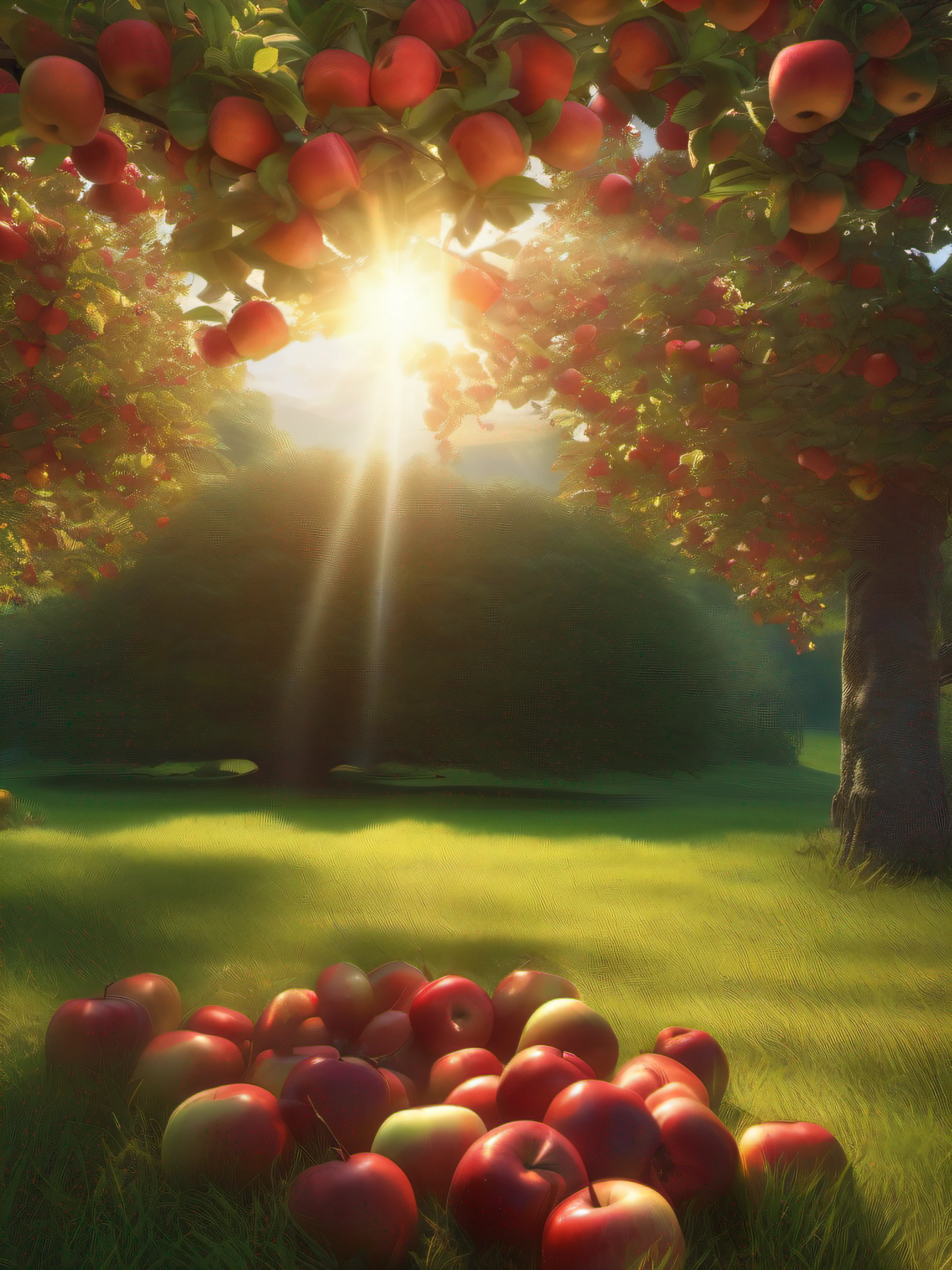 full shot, picturesque lawn and columnar apple tree all covered with ripe red apples under the apple tree many apples on green grass, bright sun rays shine from above left, super high quality, super high detail, super sharp focus,training in artstation, greg rutkowski style