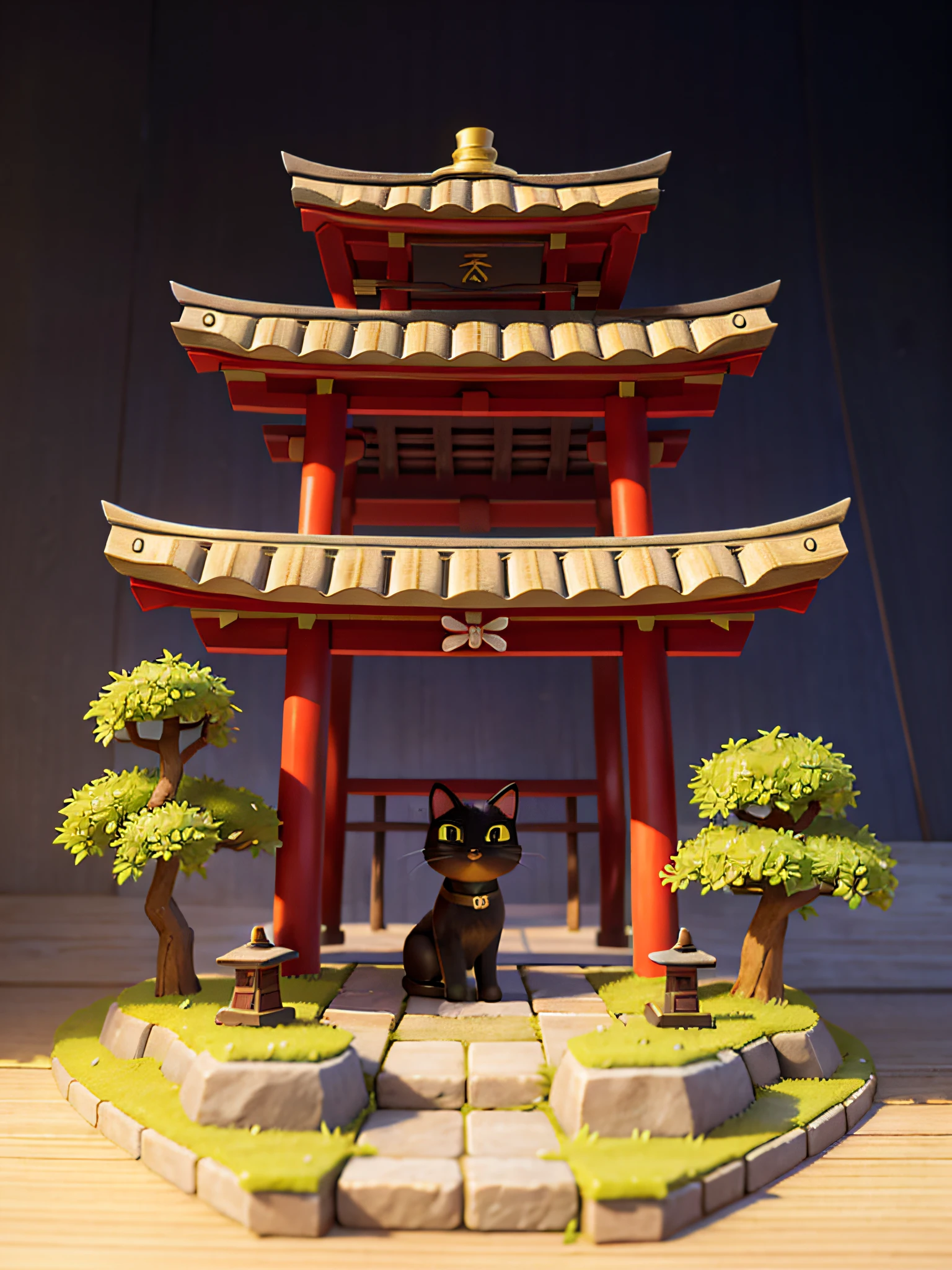 a cat,cute cat,one body,one head,singl face,toy,vignette figure,whole body、1 cat、Cute Cat Figure、Ultra Precise Cat Figure、Deformed cat、Sparkling eyes、Cat whole body、Output image quality(add detail、The ultra -The high-definition、Masterpiece、hight resolution、8K、Award-winning works)、(intricate-detail、ultra-detailliert:1.2)、Cinematic Shots、vignettes、central、japanic style、pure Japanese style、japanese aesthetic、Traditional Japan culture、Shrine of Japan、torii gate、Stone staircase、Stone approach、potted、pine trees、willow trees、black cat、Chic impression、Muted shades、gentle shades、Attractive composition、Attractive lighting、depth of fields、diorama、Figure material(woodenhor、Woody)