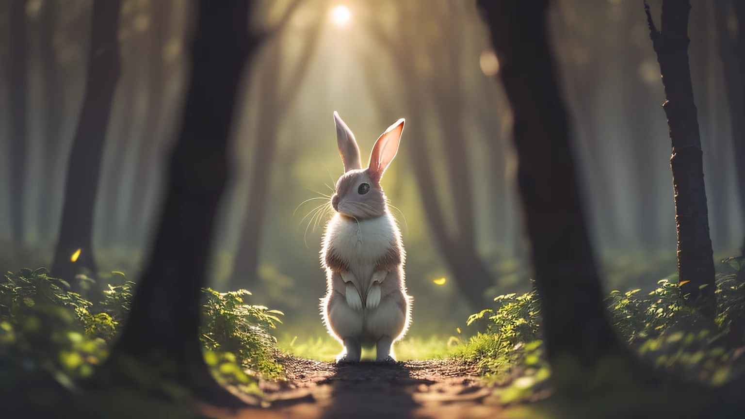 Close up photo of a rabbit in enchanted forest, late night, in the forest, backlight, fireflies, volumetric fog, halo, bloom, dramatic atmosphere, center, rule of thirds, 200mm 1.4f macro shot
