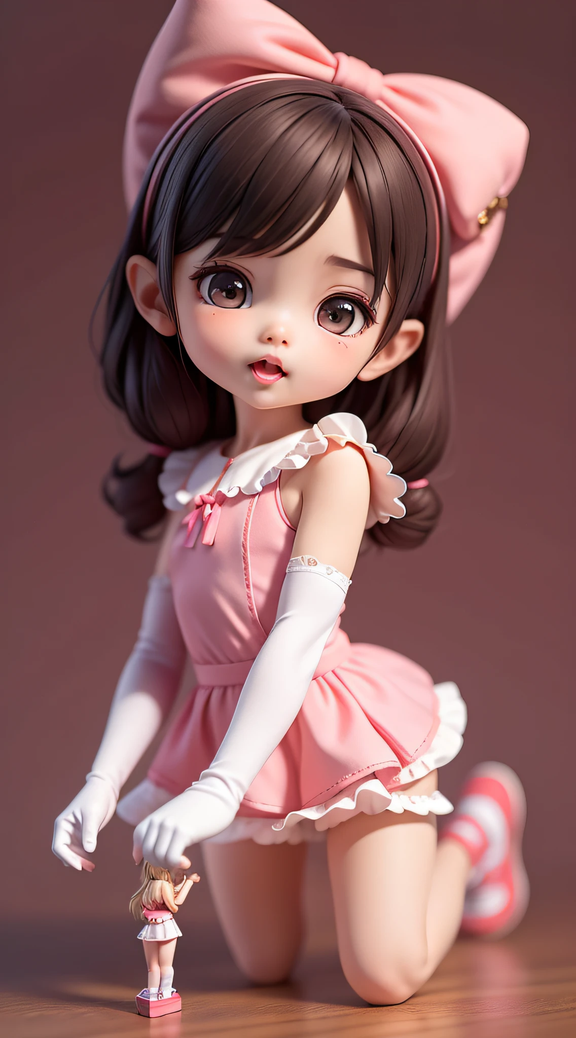 The figure shape is a standing one，Cute  girl，She wore a pink dress，It's covered with small bows，It's very cute。The littles eyes were round，The black eyes are resolute。Its ears are semicircular in shape，Slightly curved，It is as if you can hear the sounds around you，Pink gloves and shoes are worn on all fours，There are also bow decorations on the gloves，It looks very cute。Its mouth opened slightly，A small tongue is exposed，As if naughty