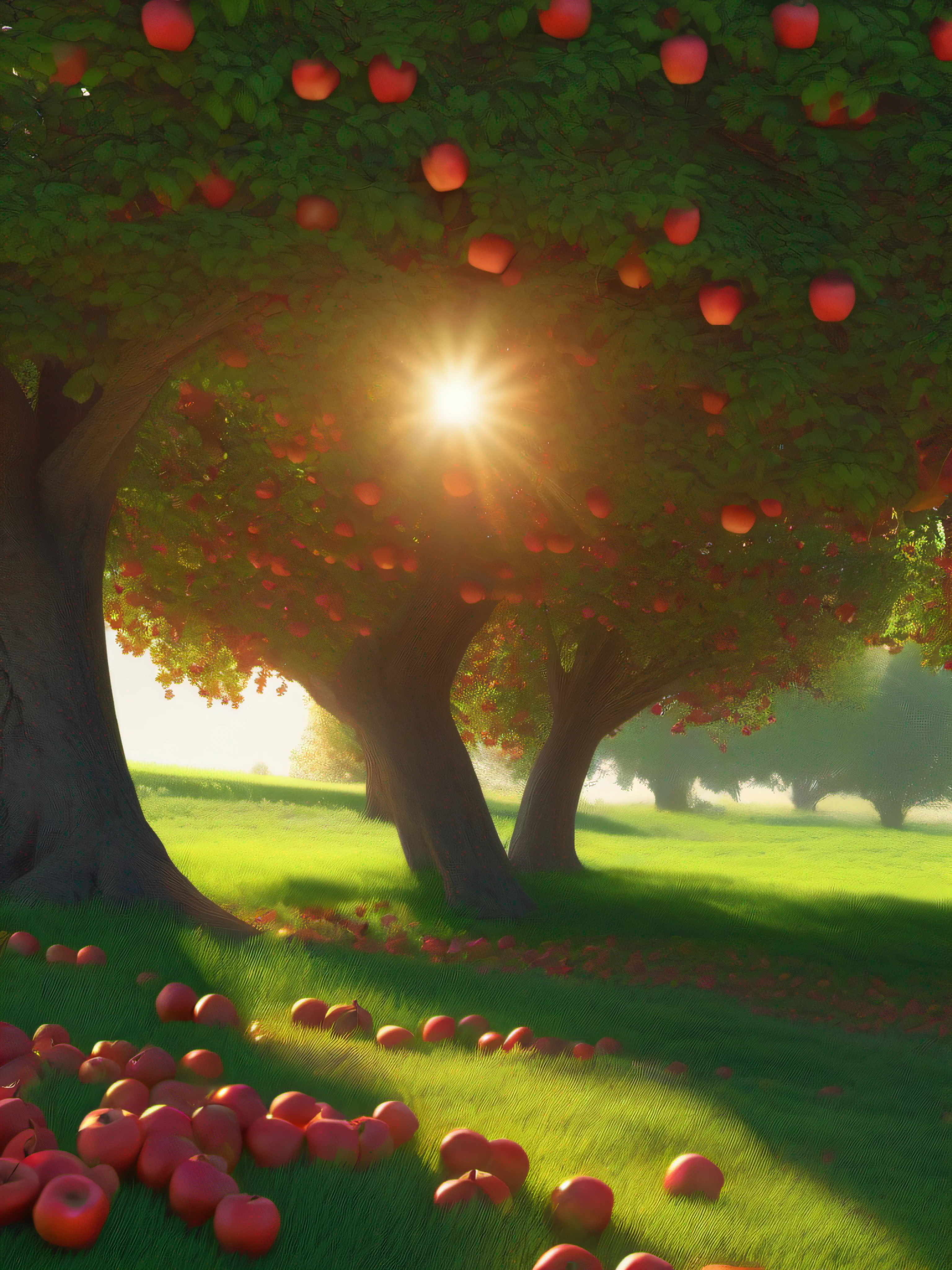 full shot, picturesque lawn and columnar apple tree all covered with ripe red apples under the apple tree many apples on green grass, bright sun rays shine from above left, super high quality, super high detail, super sharp focus,training in artstation, greg rutkowski style