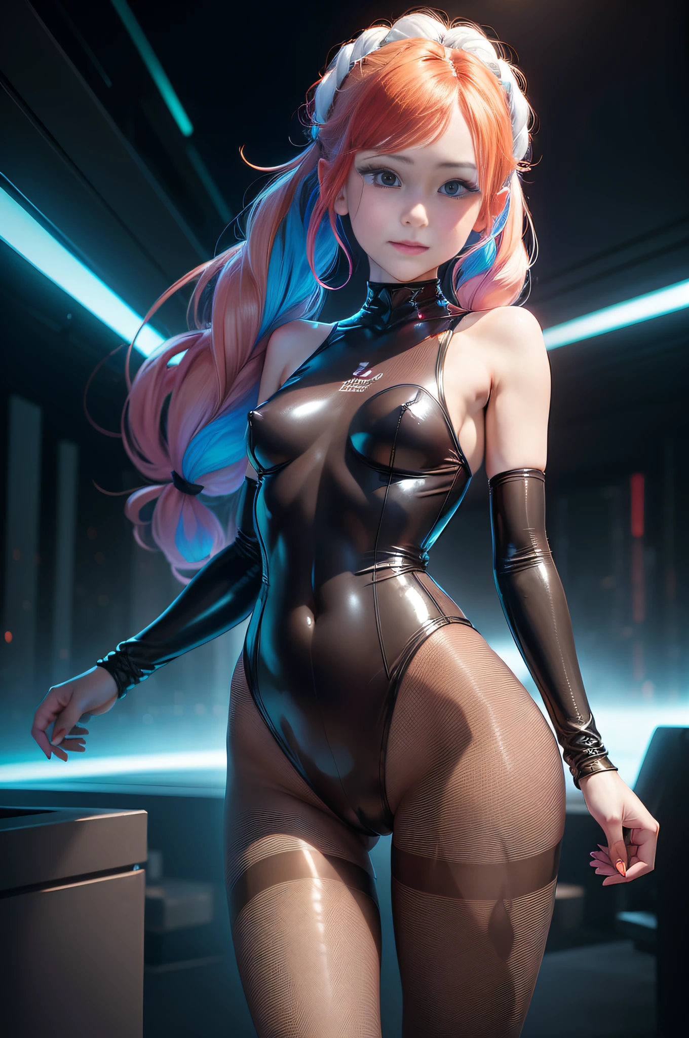 1 girl, solo, (nsfw), cute 18-year-old redhead girl in twin tails, multiple (rainbow colored hair: 1.2), ((perfect body: 1.6)) (beautiful detailed eyes: 1.6), (photo realistic eyes: 1.6), happy and smiling, Ukrainian, (petite body), ((small hips)), (shy cute pose), (pale white skin), (camel toe), ((see through pantyhose leotard: 1.6)), with (translucent pantyhose: 1.6), (tron style background) high tech (wide angle lens), colorful neon lighting, ((very dark sky)), futuristic city, photo realistic.