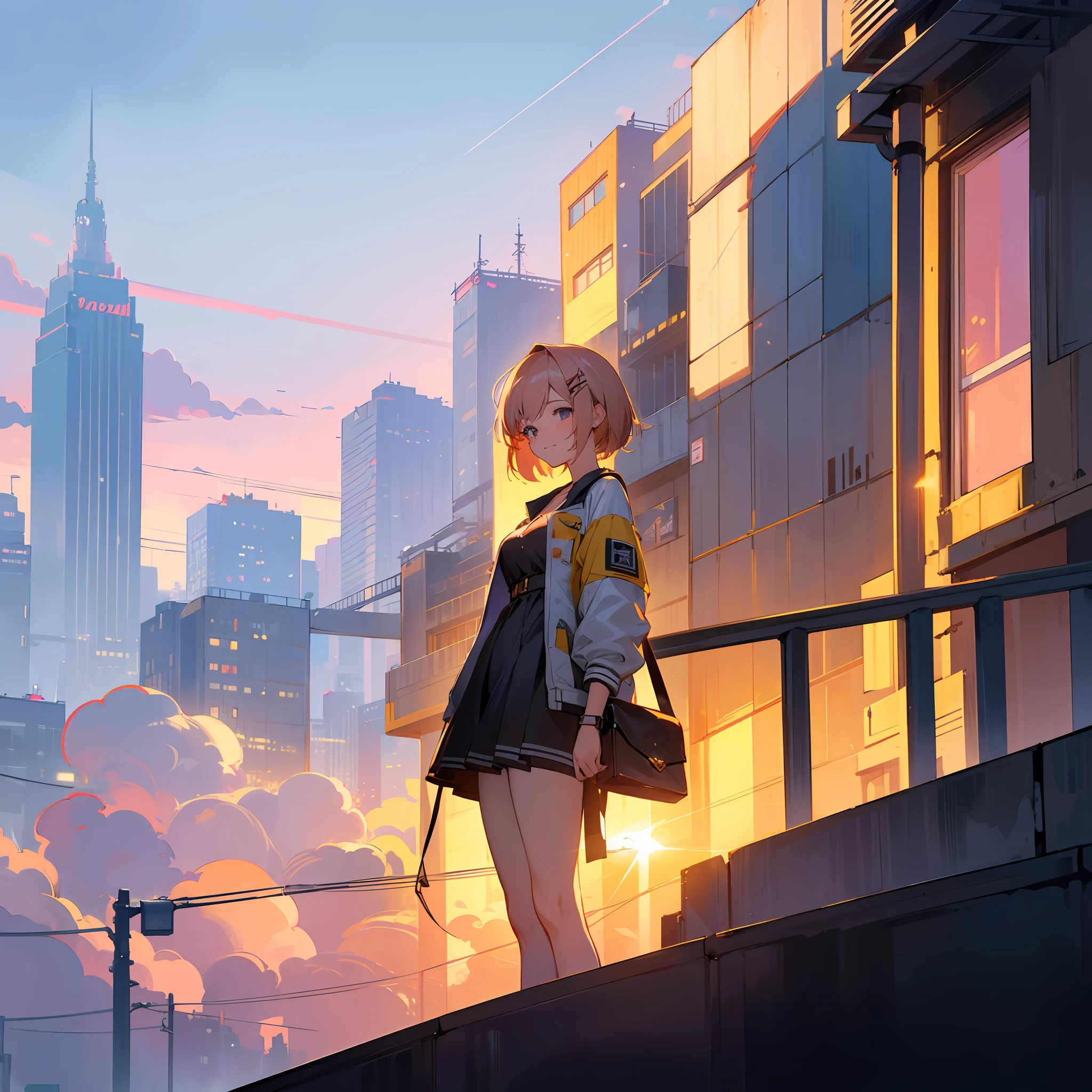 masterpiece:1.3),(best quality),(ultra-detailed),,8k,semi-realistic,4k,RTX,shaders,brilliant texture work, standing in the city street,sunset,clouds, 16 years old,smile, short hair, hairpin,sunset view , ,shiny sun, far view, highly detailed,8k, lightning from the sun into the building, night city view, top building, detailed sky, , neons light,1 girl , cute outfit