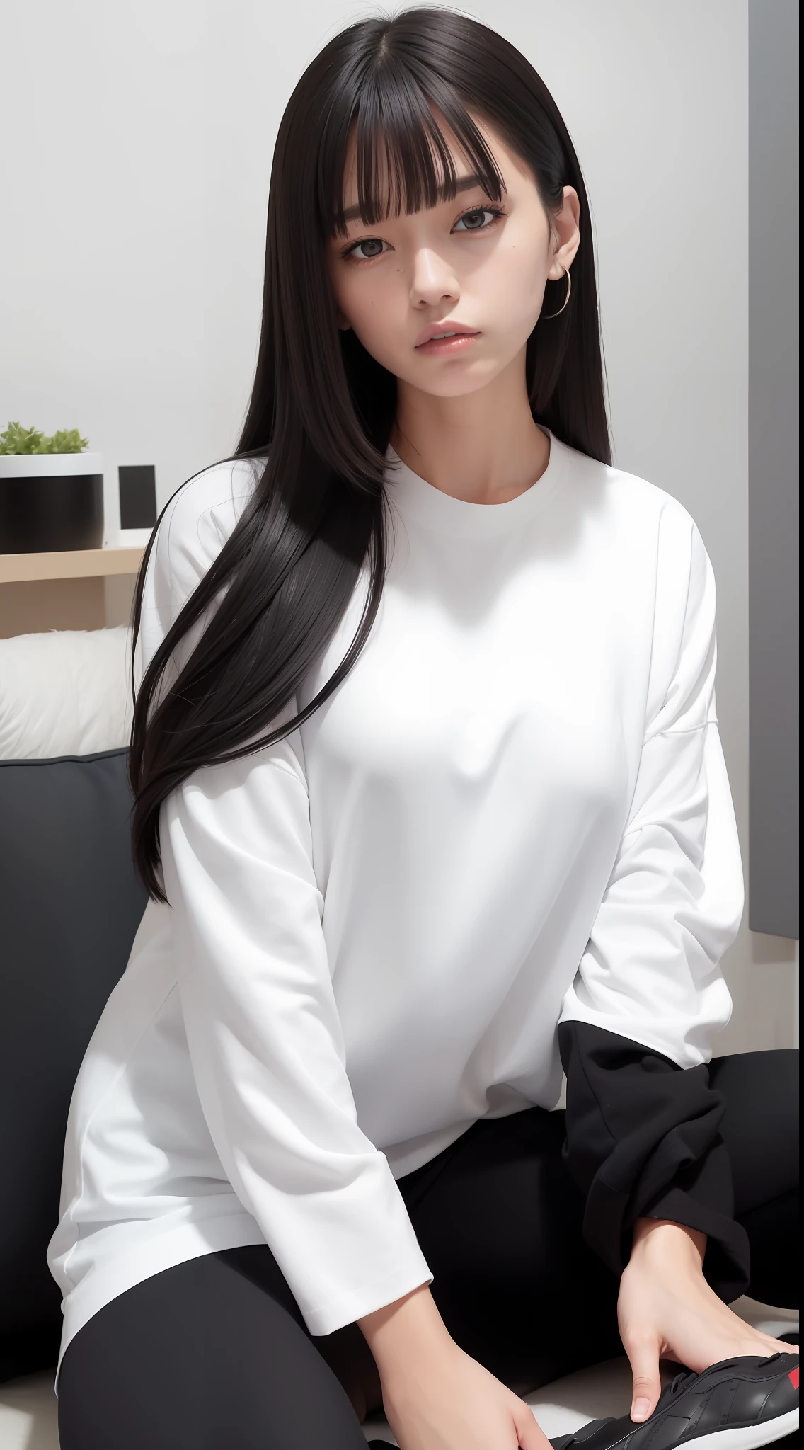 a woman in a white shirt and long black pants, playing video games, simple style, wearing elegant casual clothes, dim red, simple clothes, milk and red style, casual clothing style, modern fashion clothing, wearing fisherman's clothing, modern casual clothing, inspiration , white shirt, black pants, neutral tones, black and white color scheme, business casual attire, scary face, adidas, 30 years old, mature face, medium hair, ((black hair))