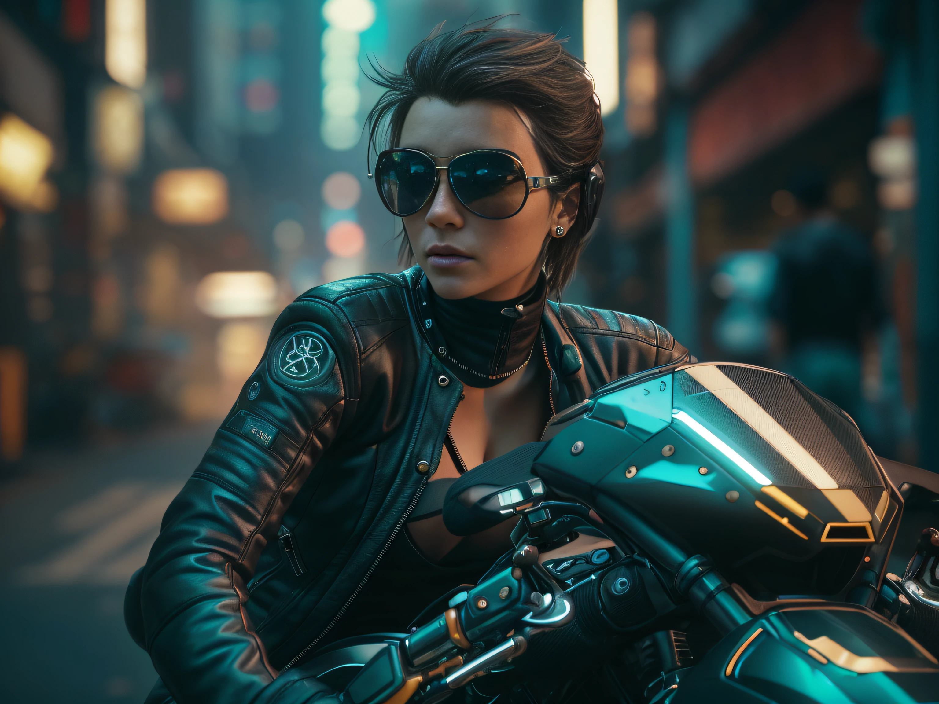 photo documentary style of a biker girl with short brown hair, beautiful high detail face,slim body,curvy breast ,wearing helmet and sunglasses,((wearing cyberpunk style tight biker costume :1.3)), cleavage,((riding a racing motorcycle in a cyberpunk 2077 style city )),(dynamic colors), (good body proportion),(perfect hands and legs),cinematic,masterpiece,8k,ultra realistic photo, looking at viewer