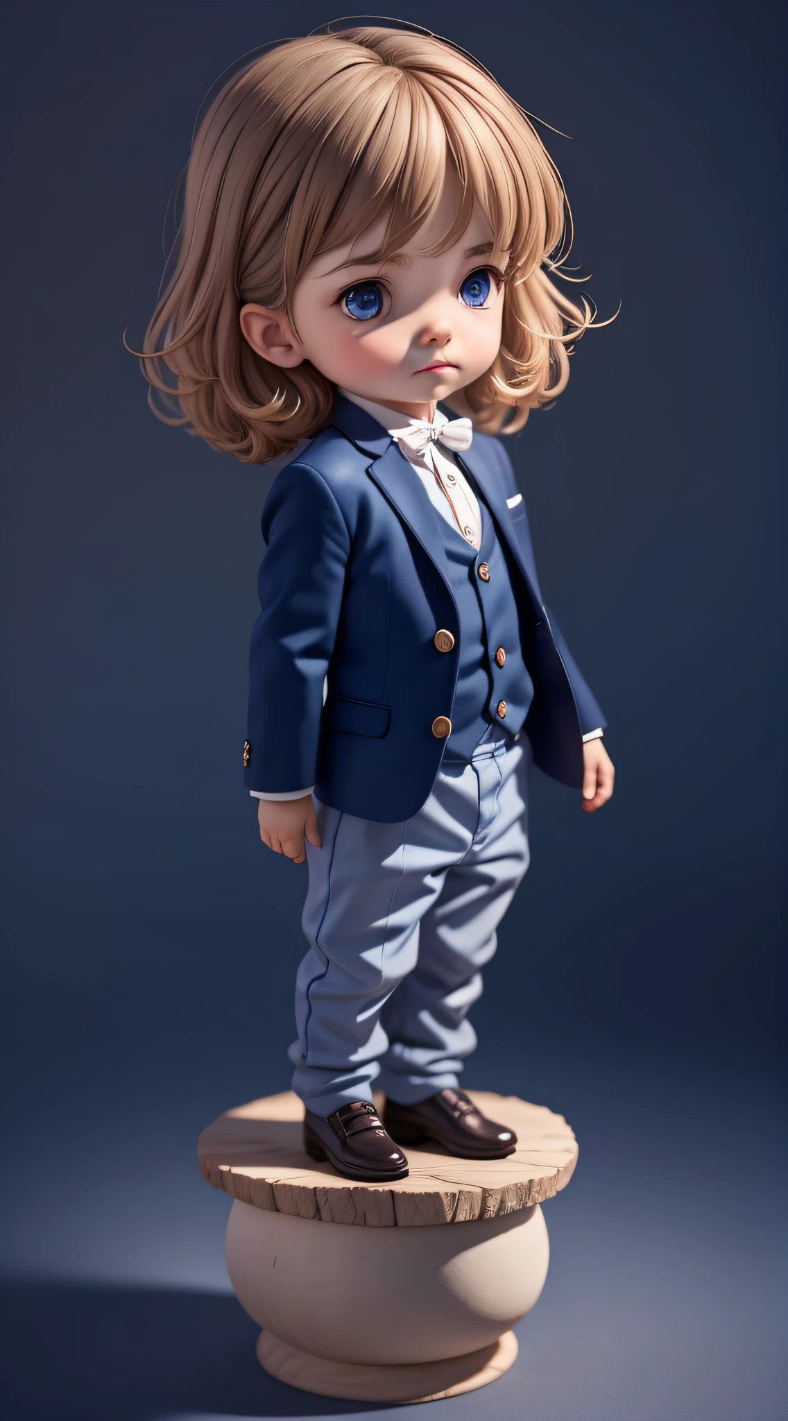 figure,A cold image,His hair is light brown,Three and seven points,His eyes were big and round,Twinkle with curiosity,Seems curious about the world around him,Wearing a blue striped suit,Wear it with a pair of dark blue trousers,The simple and generous dress highlights his innocent temperament,A domineering president