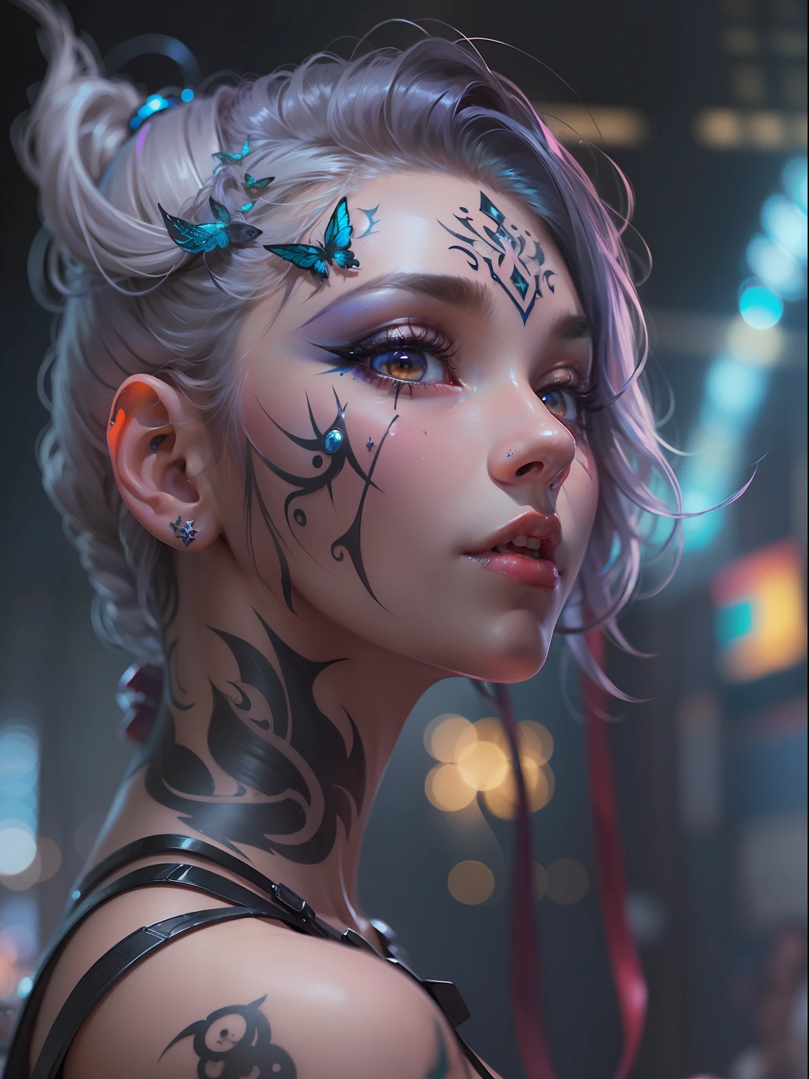 (((masterpiece)))、(((top-quality)))、((ultra-definition))、(High Definition CG Illustration)、((extremely delicate and beautiful))、Cyber City、Cinematic Light、tattooed、Girl with shearing hairstyle、Unconventional、2080s、animesque、Devilish girl、facepaint、face tattoos、trending on artstationh、Rachel Walker