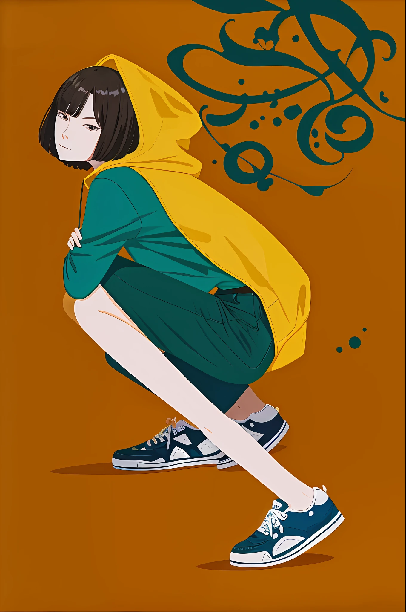 1girl in, Vector art, flat-colors, pop-art, Pattern, city scenery, Hoodie, Shorts, sneakers, bob cuts, Full body, Pose, Squatting, lofi color, (Hiperov), (masutepiece,Best Quality:1.5)