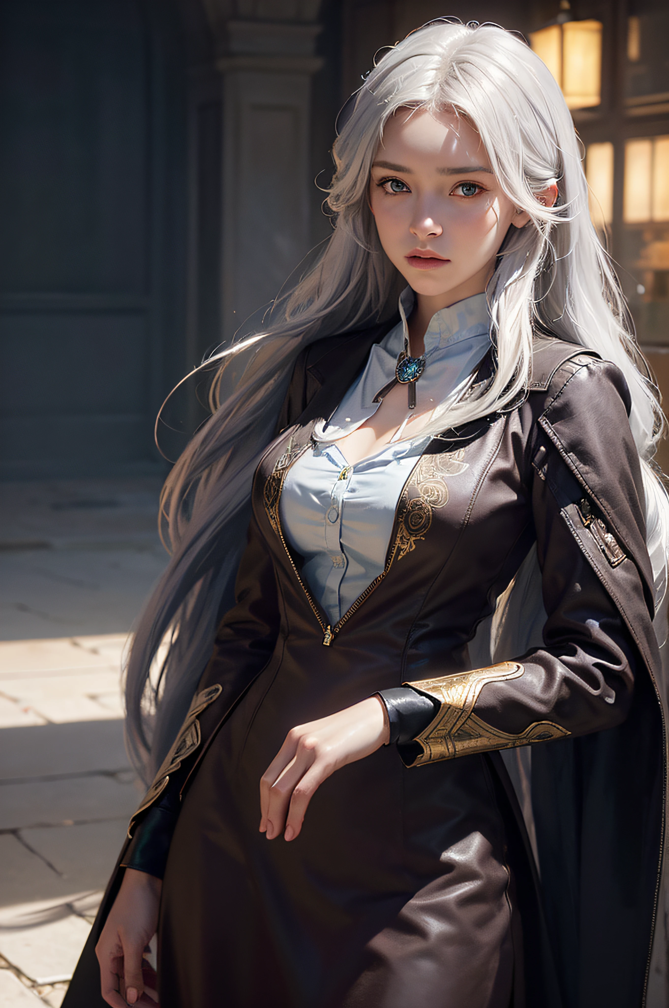 Hyperrealist portrait of female by david hockney and alphonse mucha,fantasy art, photo realistic, dynamic lighting, artstation, poster, volumetric lighting, very detailed faces, 4 k, award winning,, 1girl, in the dark, deep shadow, low key,cowboy shot,(official clothing:1.4) ,long hair,white hair,