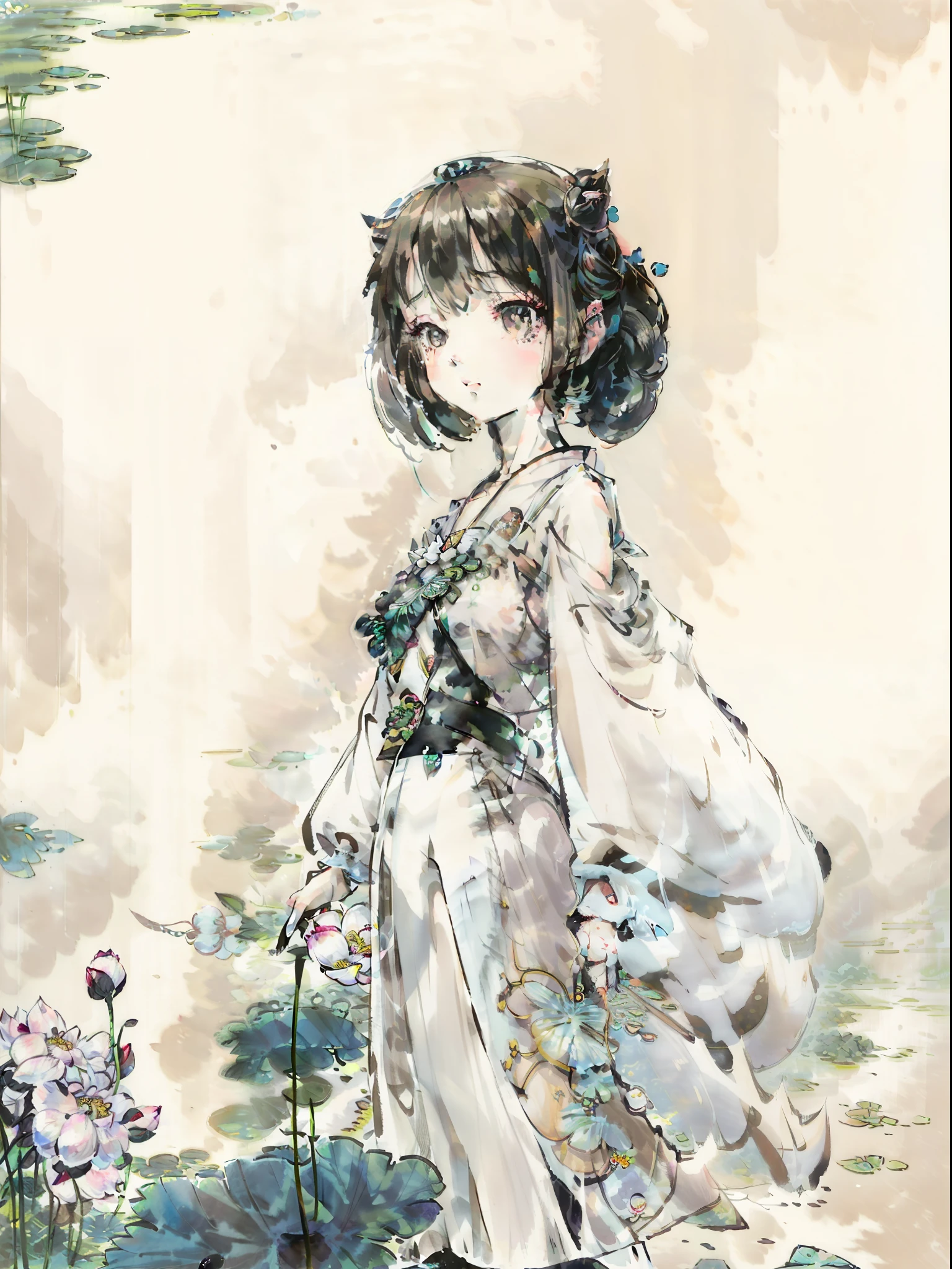 (Best Quality, Masterpiece), Vast Landscape Photo, (From below, Sky above, Lotus Pond below), (A Girl, Solo: 1.2), Black Ponytail, White T-Shirt, (Perfect Face, Detailed Skin, Realistic: 1.2), Character Ratio 0.6, Summer Country, Lotus, Frog, Dragonfly, Cool Clothes, Sweat on Face, Delicate Beauty, Colorful