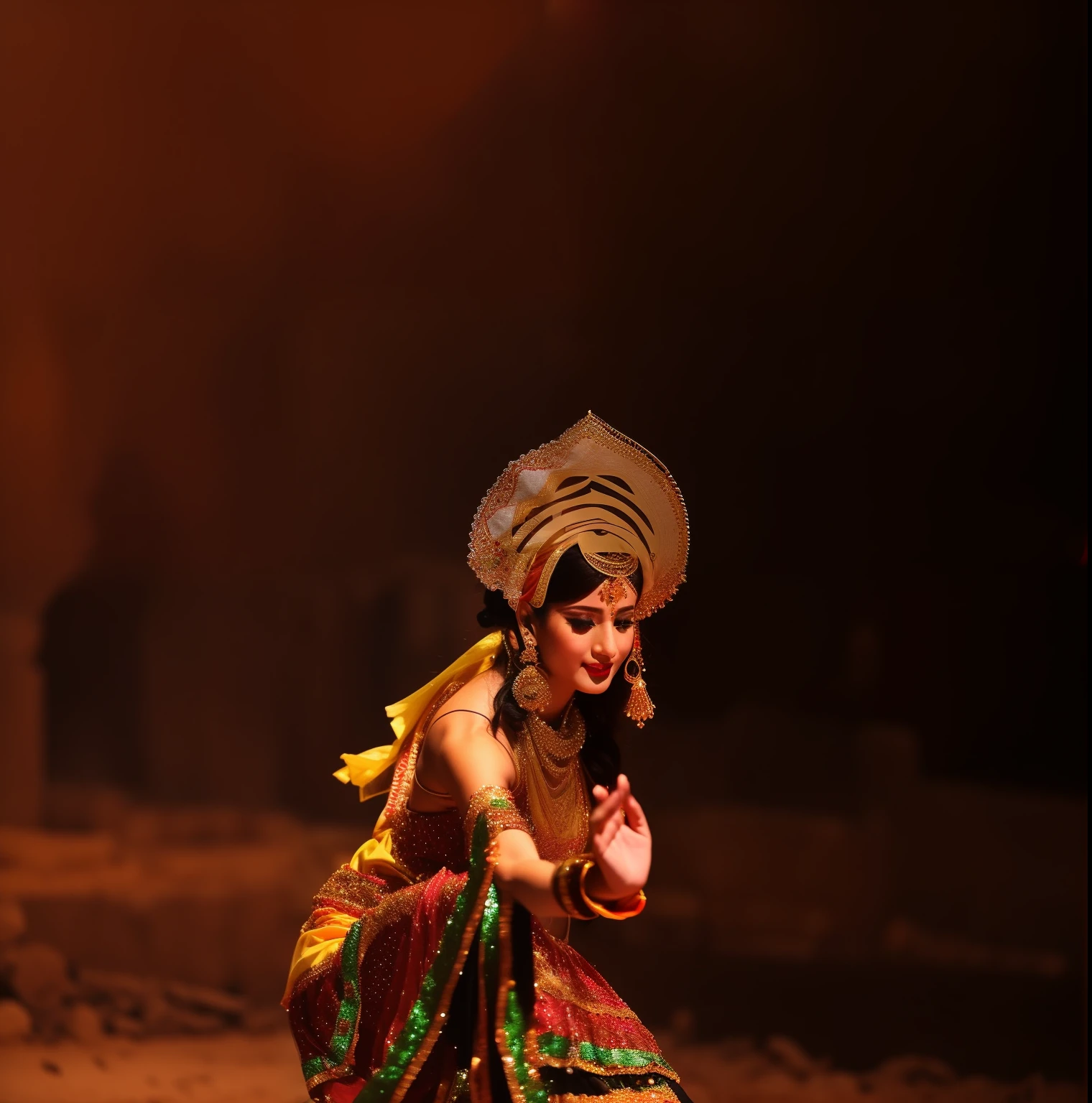 (Arabic dancers in full costume, Dance scene of ancient ruins under the fire at night, Tribal High Priest, Chiba Yu wears gorgeous women's clothes, beautiful and graceful, Beautiful feminine lines, Delicate facial makeup。)