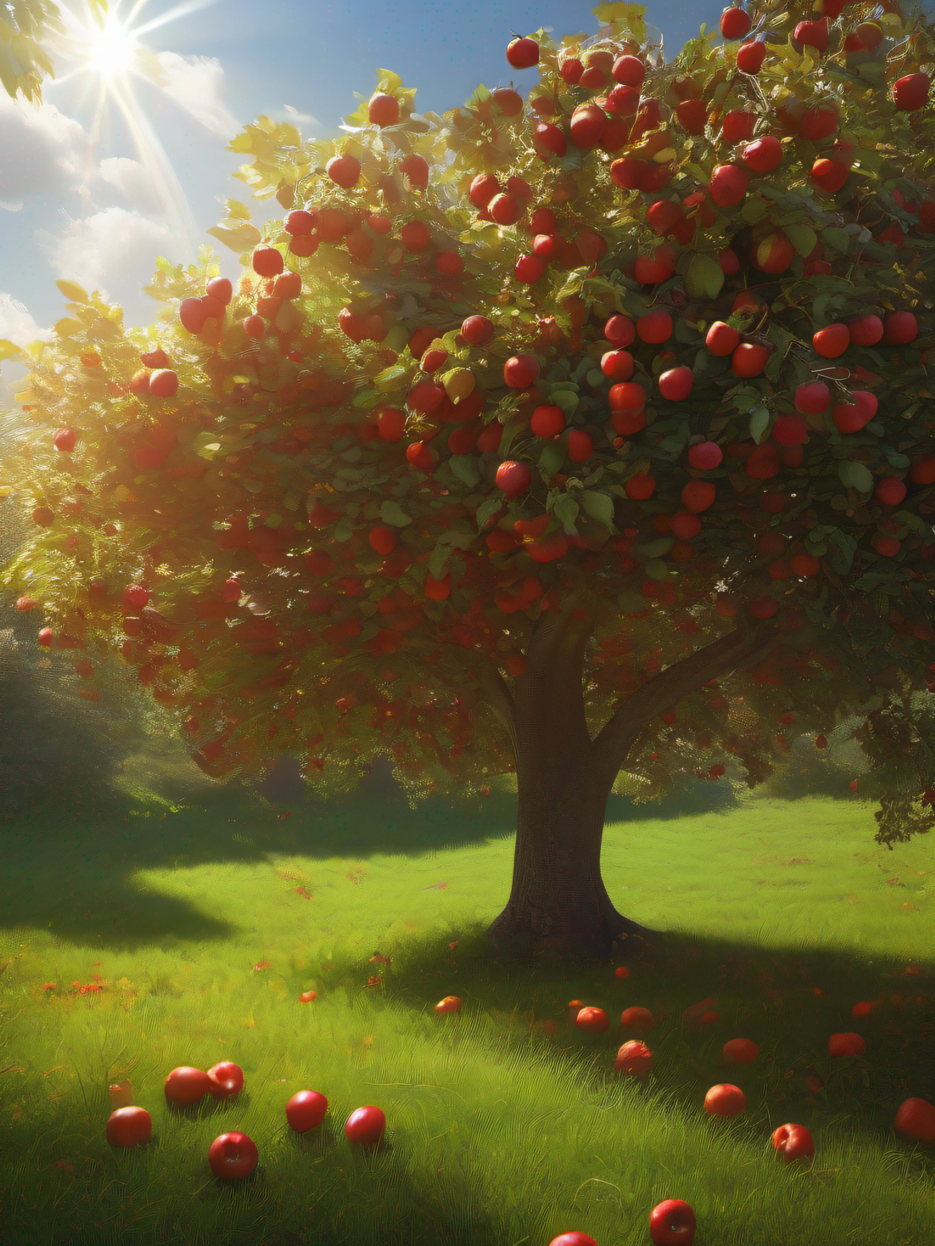 full shot, picturesque lawn and columnar apple tree all covered with ripe red apples under the apple tree many apples on green grass, bright sun rays shine from above left, super high quality, super high detail, super sharp focus,training in artstation, greg rutkowski style