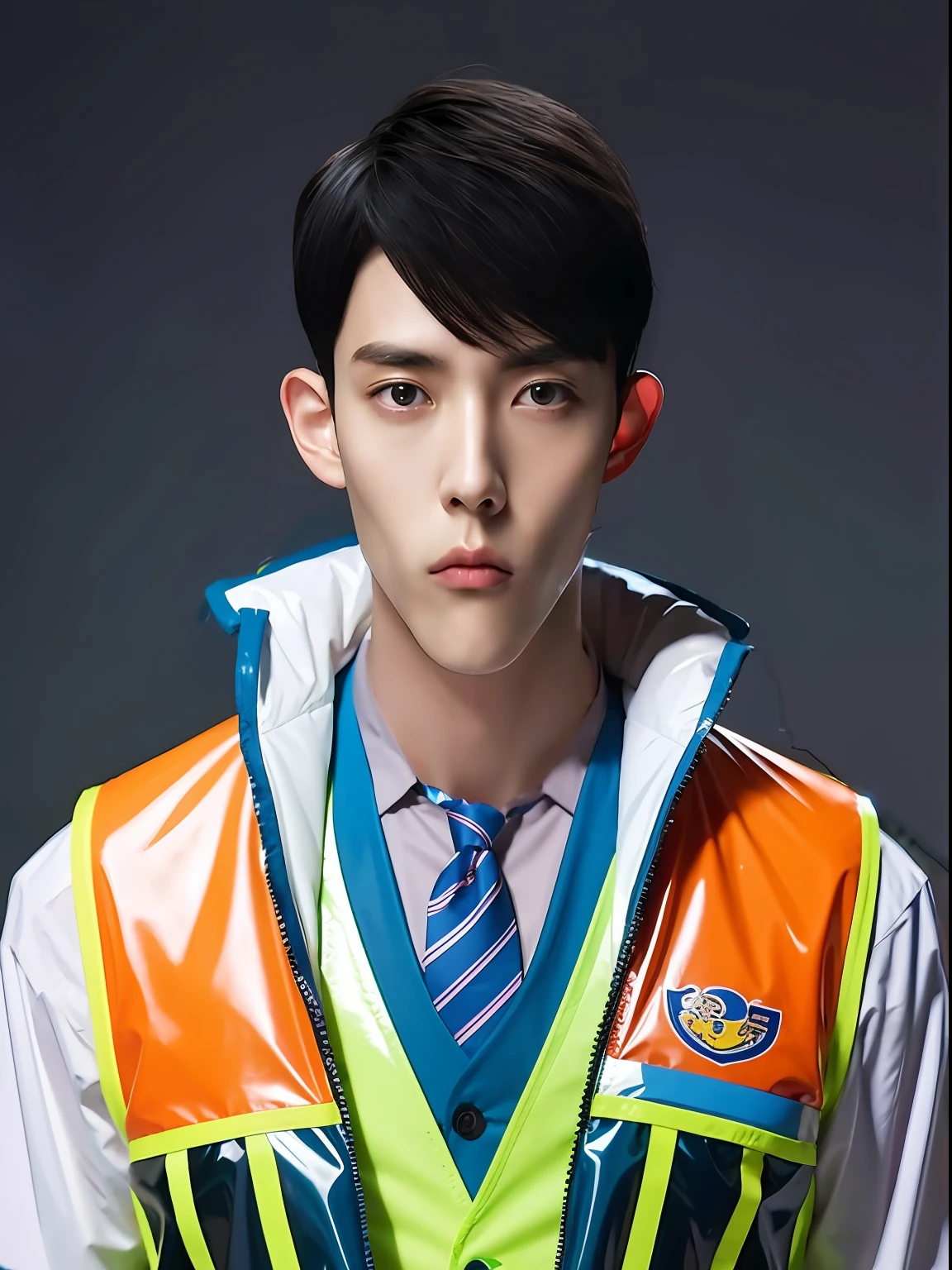 A Chinese male high school student,Wearing a PVC color vest suit