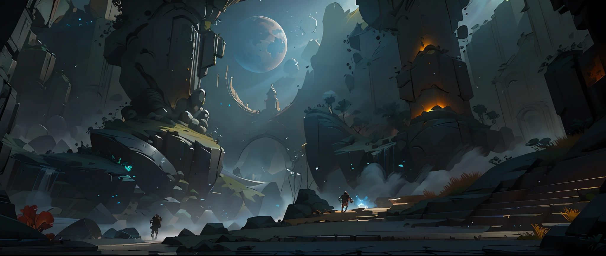 There was a man standing in a cave,There is a statue, concept art stunning atmosphere, award winning concept art, concept art scene, mystical sci-fi concept art, dark cinematic concept art, world of warcraft concept art, epic cinematic concept art, luminescent concept art, dota matte painting concept art, stunning concept art, eerie nostalgic concept art,the night,darkly,speleothems,Ancient ruins,Chinese style,Deep canyon,blue colors// ,perspective,wide shot, ((, Point View Shot, POV, Aerial Shot, Helicopter Shot)), CGI, Realism, RTX, Tone Mapping, SSAO, Shaders, Moonlight, Volumetric Lighting, Volumetric Light, Volumetric, Sunlight, Natural Lighting, landscape, outdoors,Professional,ultra-fine painting, ((high qulity:1.2, tmasterpiece:1.2)), absurdres, high resolution, (8k resolution), 8k, 8kres, 8k res, high details, detailed and intricate, intercreate details, high electric details, absurd amount of details, super resolution, Ultra HD Ultra HD, megapixel, , ((, Angle shooting, POV, aerial shot, Helicopter shooting)), CGI, hentail realism, RTX, Tone-mapping, SSAO, Shaders, rays of moonlight, volumettic light, volumettic light, volumettic light, rays of sunshine, natural soft light,scenecy, inside in room,Enclosed space ((high qulity:1.2, tmasterpiece:1.2)), hoang lap, A high resolution, (8K分辨率), 8k, 8kres, 8k res, high details, detailed and intricate, intercreate details, high interpreted details, Absured amount details,ray tracing,Hyper-Resolution,hyper HD,megapixel,HDR