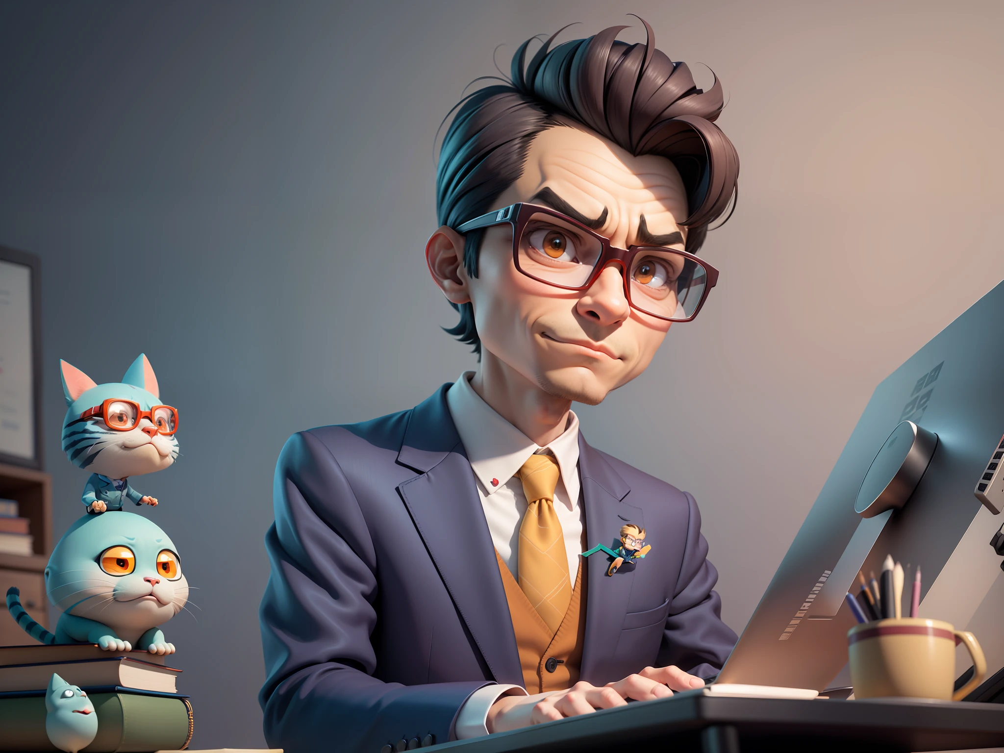 A young man in a suit, Short hair and glasses sat at his desk,holding laptop,digitial painting,tigre,3D character design by Mark Clairen and Pixar and Hayao Miyazaki and Akira Toriyama,4K HD illustration,Very detailed facial features and cartoon-style visuals。