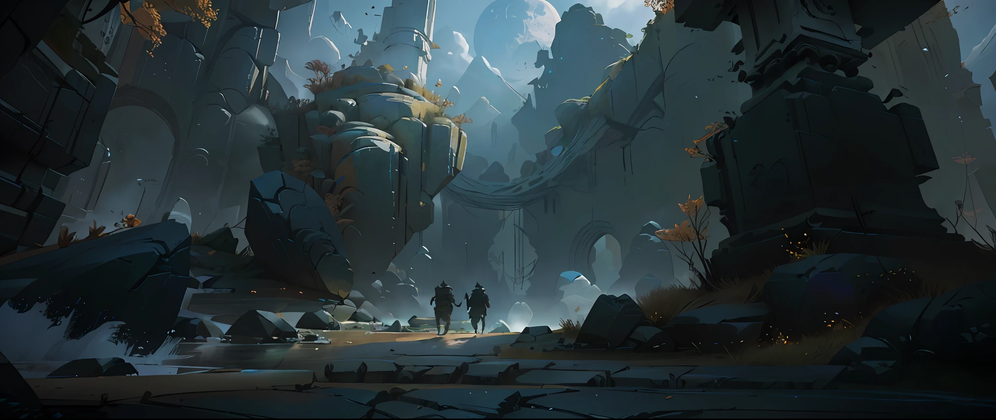 There was a man standing in a cave，There is a statue, concept art stunning atmosphere, award winning concept art, concept art scene, mystical sci-fi concept art, dark cinematic concept art, world of warcraft concept art, epic cinematic concept art, luminescent concept art, dota matte painting concept art, stunning concept art, eerie nostalgic concept art，the night，darkly，speleothems，Ancient ruins，Chinese style，Deep canyon，blue colors// ,perspective,wide shot, ((, Point View Shot, POV, Aerial Shot, Helicopter Shot)), CGI, Realism, RTX, Tone Mapping, SSAO, Shaders, Moonlight, Volumetric Lighting, Volumetric Light, Volumetric, Sunlight, Natural Lighting, landscape, outdoors,Professional,ultra-fine painting, ((high qulity:1.2, tmasterpiece:1.2)), absurdres, high resolution, (8k resolution), 8k, 8kres, 8k res, high details, detailed and intricate, intercreate details, high electric details, absurd amount of details, super resolution, Ultra HD Ultra HD, megapixel, , ((, Angle shooting, POV, aerial shot, Helicopter shooting)), CGI, hentail realism, RTX, Tone-mapping, SSAO, Shaders, rays of moonlight, volumettic light, volumettic light, volumettic light, rays of sunshine, natural soft light,scenecy, inside in room,Enclosed space ((high qulity:1.2, tmasterpiece:1.2)), hoang lap, A high resolution, (8K分辨率), 8k, 8kres, 8k res, high details, detailed and intricate, intercreate details, high interpreted details, Absured amount details，ray tracing,Hyper-Resolution，hyper HD，megapixel，HDR