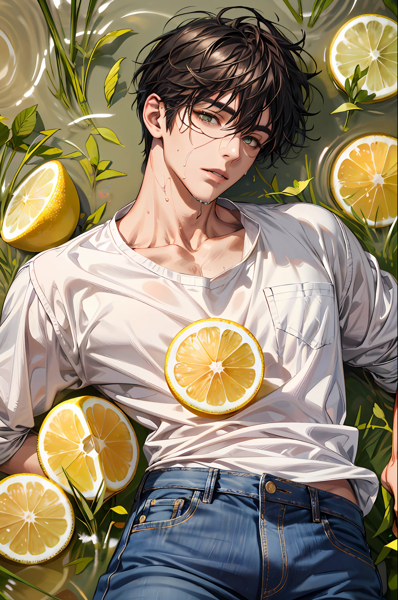 (absurdres, highres, ultra detailed), 1 male, handsome, tall muscular guy, mature, (The lemonade pond is filled with lemon slices),  (A man lying on back comfortably in it), from directly above, (white shirt, jeans), wet, colorful, artistic, depth of field, focus on his face,calm facial features, lemon slices around face