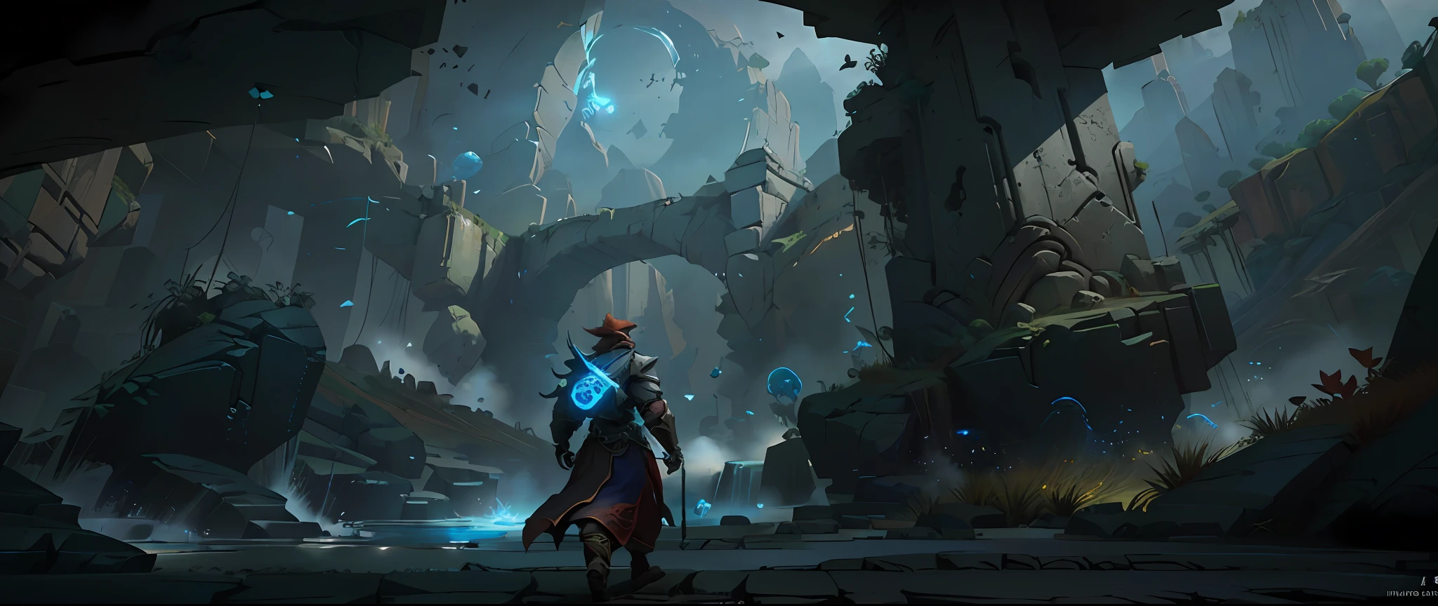 There was a man standing in a cave，There is a statue, concept art stunning atmosphere, award winning concept art, concept art scene, mystical sci-fi concept art, dark cinematic concept art, world of warcraft concept art, epic cinematic concept art, luminescent concept art, dota matte painting concept art, stunning concept art, eerie nostalgic concept art，the night，darkly，speleothems，Ancient ruins，Chinese style，Deep canyon，blue colors// ,perspective,wide shot, ((, Point View Shot, POV, Aerial Shot, Helicopter Shot)), CGI, Realism, RTX, Tone Mapping, SSAO, Shaders, Moonlight, Volumetric Lighting, Volumetric Light, Volumetric, Sunlight, Natural Lighting, landscape, outdoors,Professional,ultra-fine painting, ((high qulity:1.2, tmasterpiece:1.2)), absurdres, high resolution, (8k resolution), 8k, 8kres, 8k res, high details, detailed and intricate, intercreate details, high electric details, absurd amount of details, super resolution, Ultra HD Ultra HD, megapixel, , ((, Angle shooting, POV, aerial shot, Helicopter shooting)), CGI, hentail realism, RTX, Tone-mapping, SSAO, Shaders, rays of moonlight, volumettic light, volumettic light, volumettic light, rays of sunshine, natural soft light,scenecy, inside in room,Enclosed space ((high qulity:1.2, tmasterpiece:1.2)), hoang lap, A high resolution, (8K分辨率), 8k, 8kres, 8k res, high details, detailed and intricate, intercreate details, high interpreted details, Absured amount details，ray tracing,Hyper-Resolution，hyper HD，megapixel，HDR