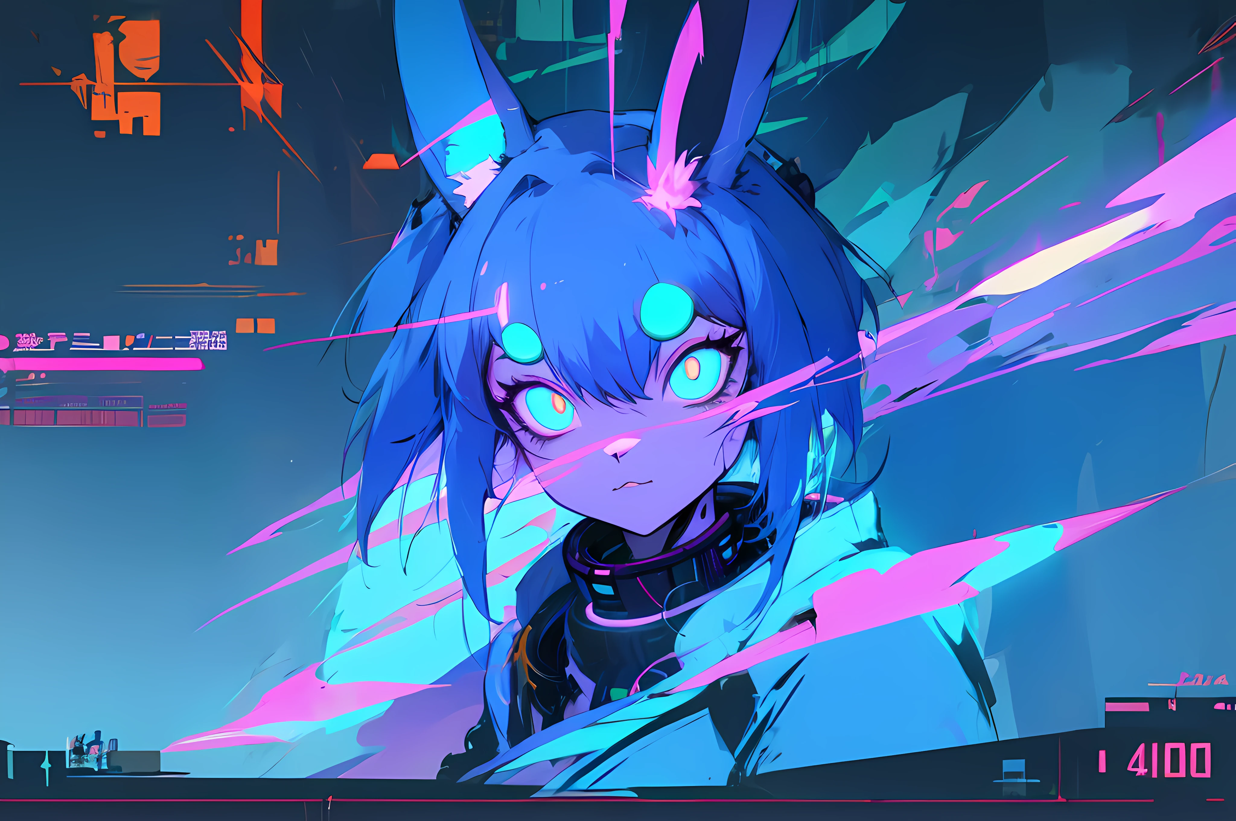 (vintage vhs), (crt screenshot), (Zen, Amy Sol style), (((blue anthro kemono furry rabbit))), underground cavern shining flashlight in old ruins, scene from a show about a blue anthro furry kemono rabbit who investigates deep space crime, (vast decrepit scenery:1.2) blame! style, nightmarish illustration, glowing eyes everywhere, intense eye contact, hybrid human / anthro, electrixbunny, rabbit anthro portrait, ((portrait)), bunnypunk, weirdcore voidpunk fursona, wearing bunny ears, cover art with light abstraction, abstract, simple vector art, contemporary Cybernetic art, color gradients, soft color palettes, layered forms, whimsical animation, style Ethereal abstract, 4K, , anime character with futuristic hair and glowing eyes in a dark room, digital cyberpunk anime art, anime style 4 k, digital cyberpunk - anime art, anime mecha aesthetic, digital cyberpunk anime!!, anime cyberpunk art, fully robotic!! catgirl, hyper concept art, cyberpunk anime girl mech, portrait anime space cadet girl, wearing cybernetic bunny ears --v6