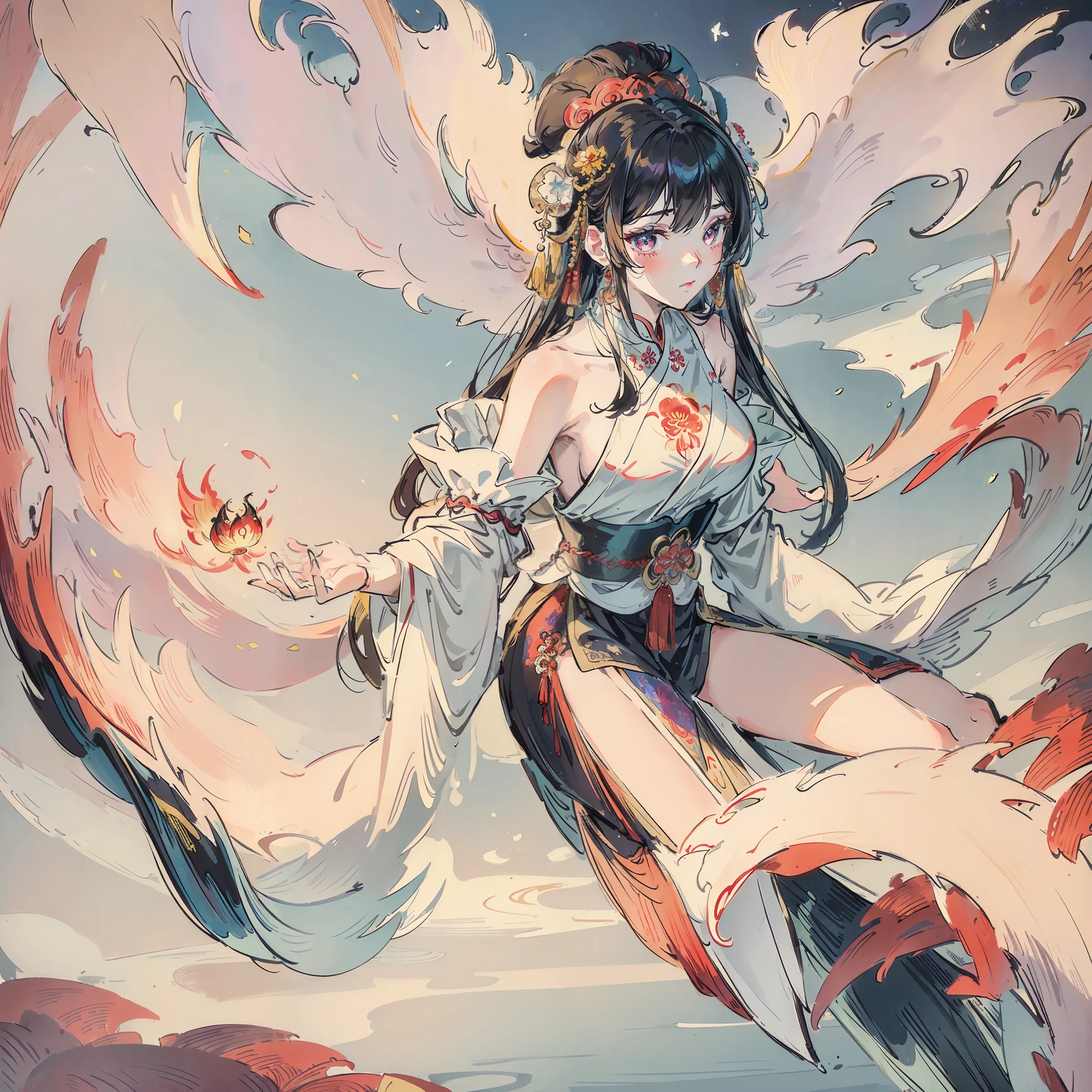 Portrait of an ethereal Chinese maiden with fairy-like beauty, wearing embroidered silk robes, seated amidst clouds and mist, gazing pensively with vivid black eyes, fair skin glowing, elaborate phoenix crown with bejeweled hairpins, feathered silk sleeves and sashes fluttering, holding a celestial qin, surrounded by celestial flowers and a colorful phoenix, embellished background of traditional Chinese paintings, highly detailed digital art